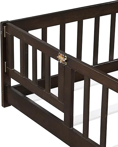 Miniatura 39 de Harper & Bright Designs Cama de suelo tamaño Queen con valla y puerta, marco de cama Montessori de madera para niños, niñas, listones incluidos, no