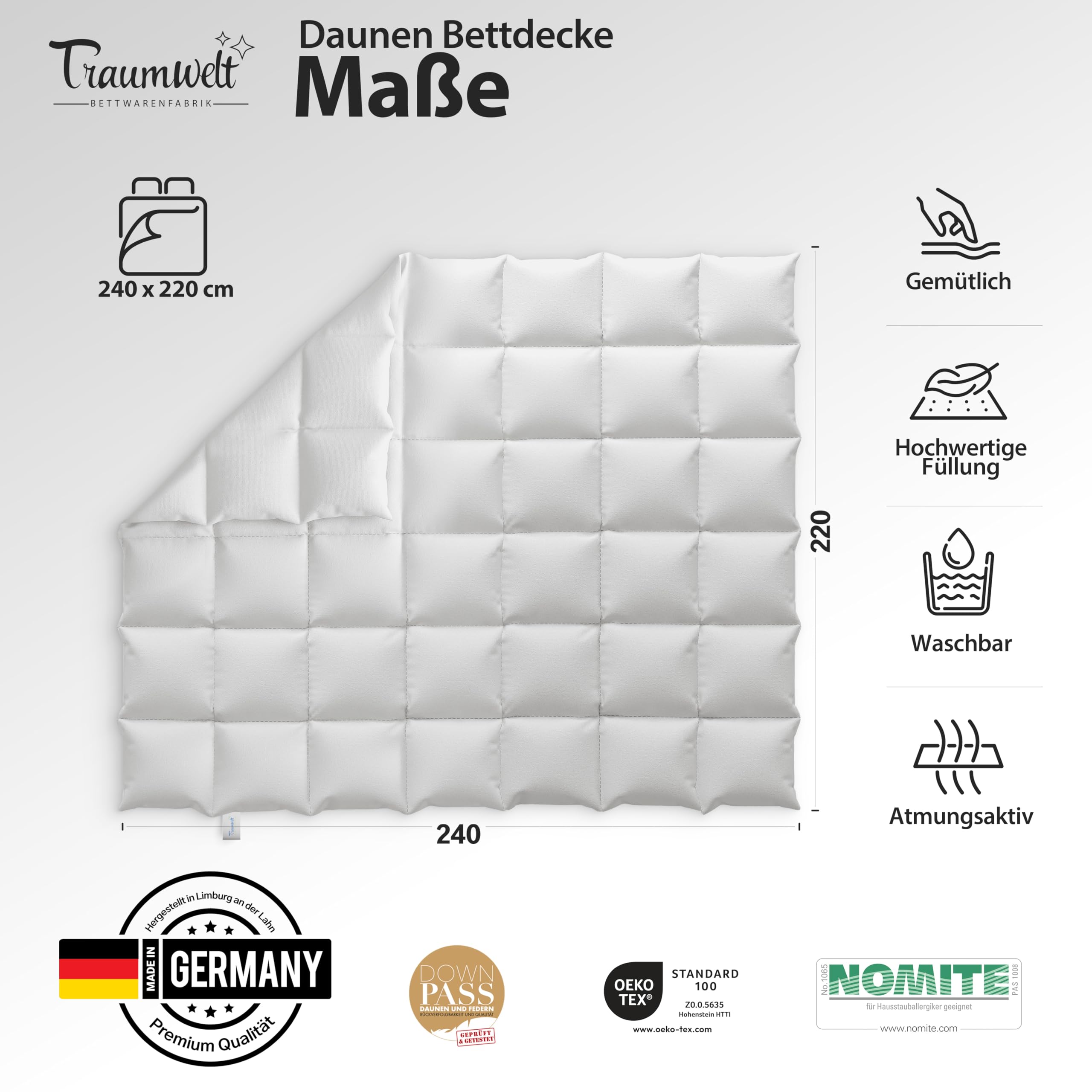 Couette fabriquée en Allemagne - 240 x 220 cm - 90 % duvet