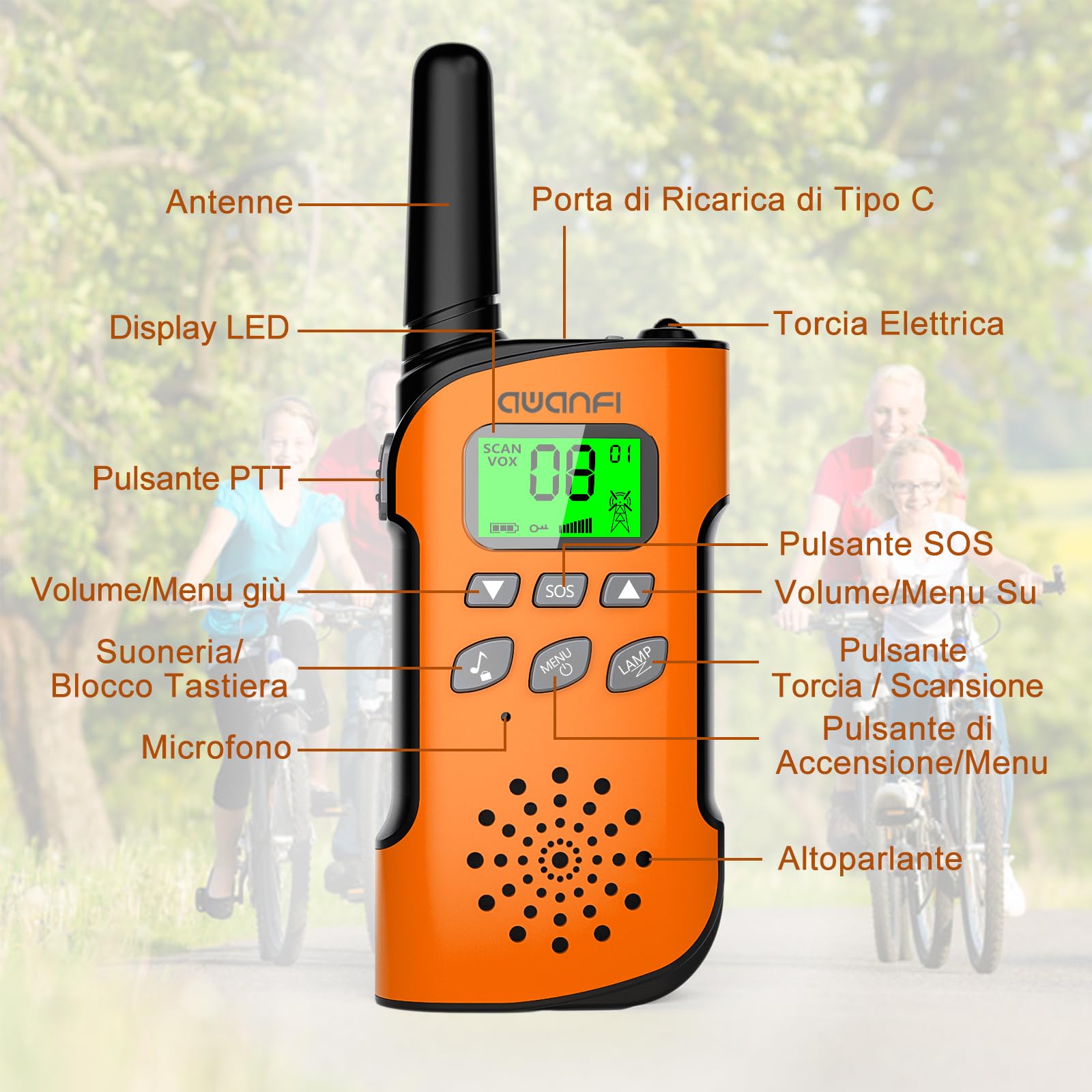 Walkie-Talkie Bambini, 3 Pezzi Walkie Talkie Ricaricabile con Batteria, Torcia, Funzione SOS e VOX, Lungo Raggio, Walkie-Talkies per Campeggio, Avventure, Regali per Bambini 3 a 12 Anni