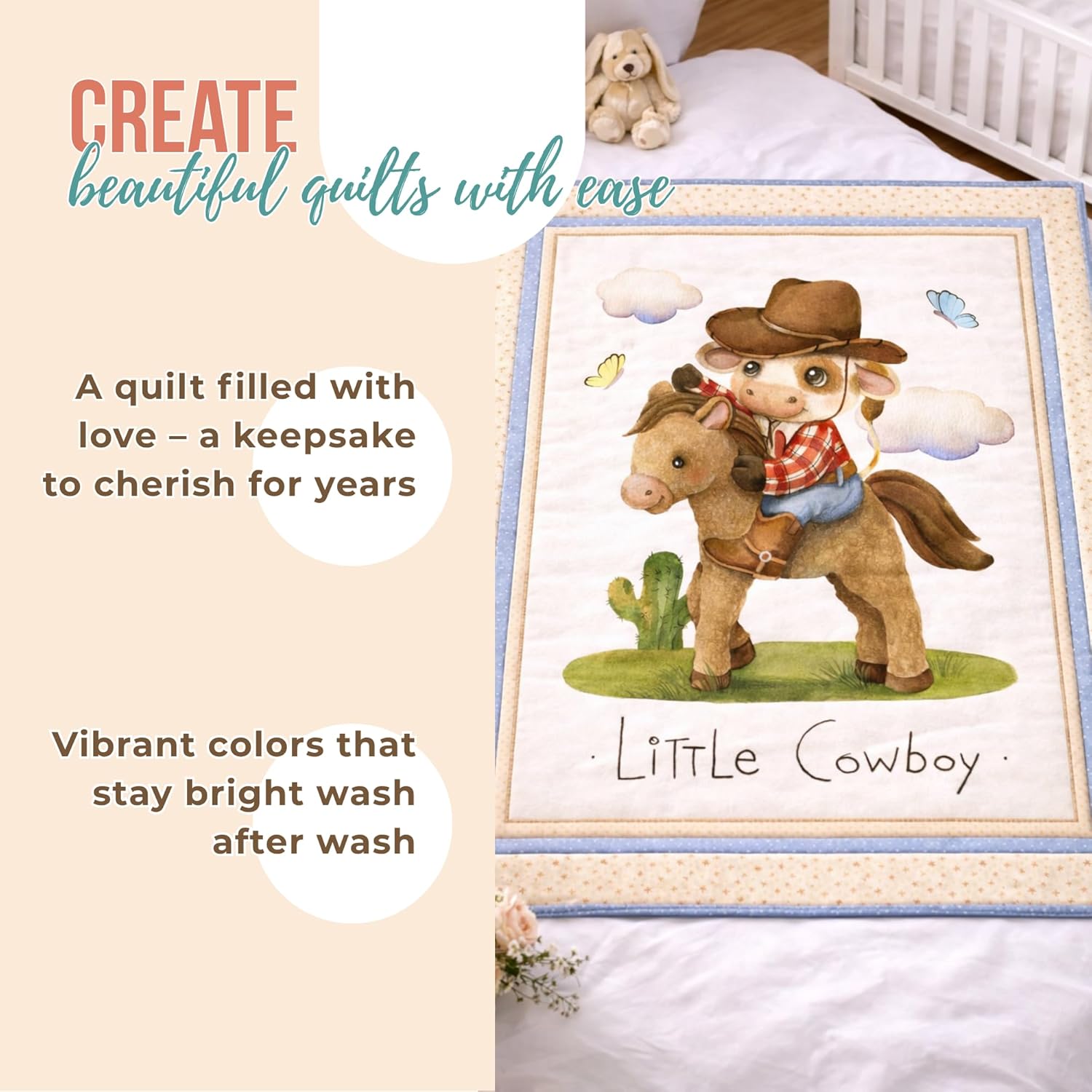 UNIQUE Little Cowboy Fabric, 29x39in Quilting Panel for Baby Quilt or Blanket, Sateen Cotton