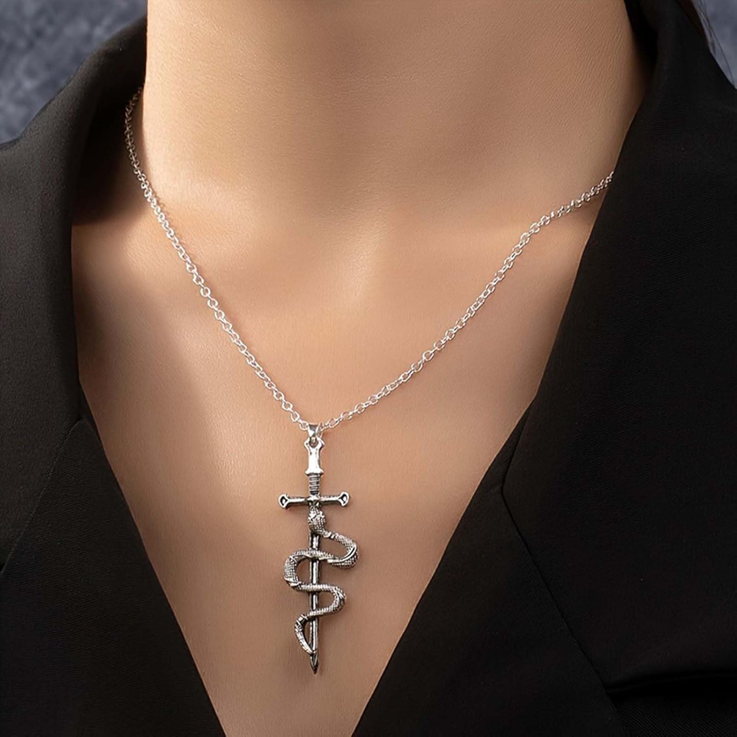 YienDoo Punk Snake Necklace Silver Vintage Sword Cross Pendant Necklace Unique Matching Sword Through Serpent Necklace Gothic Dagger Knife Animal Snake Necklaces Jewelry for Women - Image 2