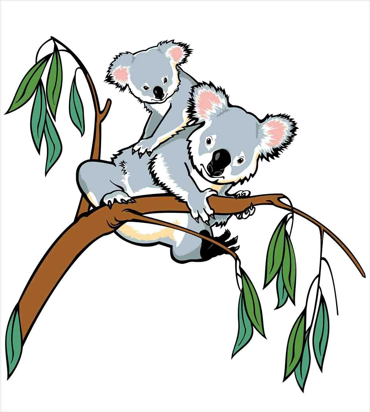 Ambesonne Tropical Animals Duvet Cover Set, Mother and Koala Climbing Over Eucalyptus Tree Branch Wildlife Forest, Decorative 3 Piece Bedding Set with 2 Pillow Shams, Queen Size, Brown Grey