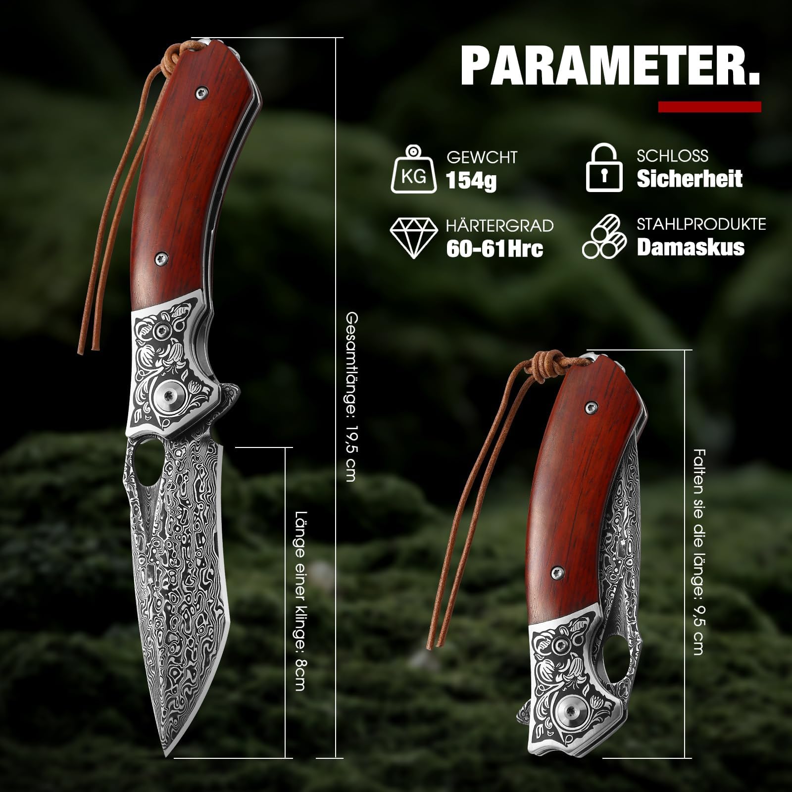 DRACHENADER Acero de Damasco de de un solo filo navaja de bolsillo con funda de cuero hermoso, cuchillo plegable al aire libre VG10 Kern mango de madera de regalo