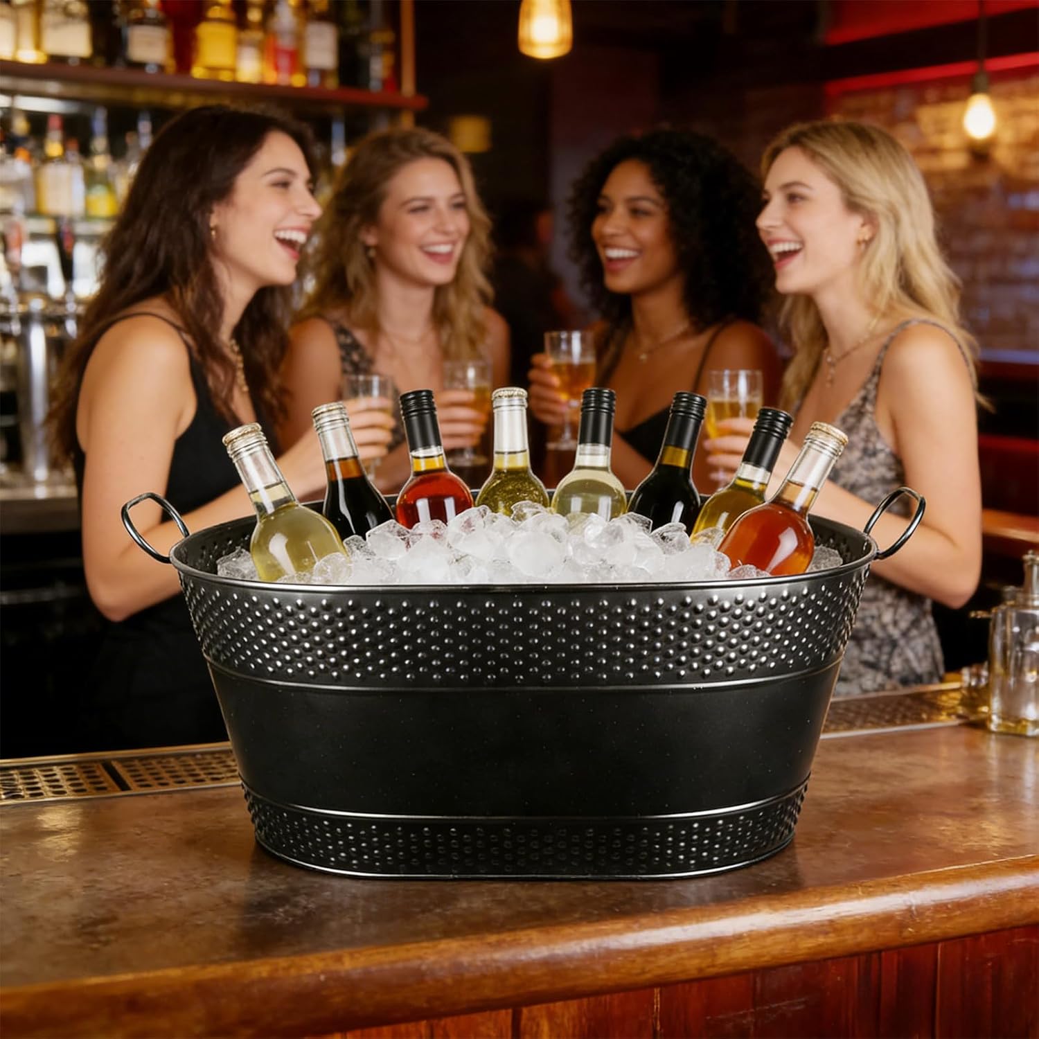 1 Pack 4 Gallon Galvanized Ice Bucket, Large Galvanized Beverage Tub Ice Bucket for Parties, Thick Metal Beverage Buckets with Handles, Oval Drink Buckets for Parties Indoor or Outdoor (Black)