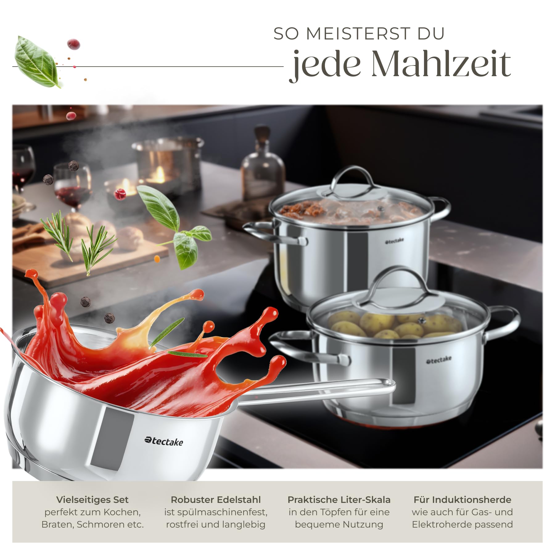 tectake® 7-tlg. Topfset, Edelstahl Kochgeschirr, Töpfe Set mit Deckel, Kochtopf Set für Induktionskochfeld, Gas- und Elektroherd geeignet, Küchensets, Topfsets für Wohnung oder Camping Geschirr