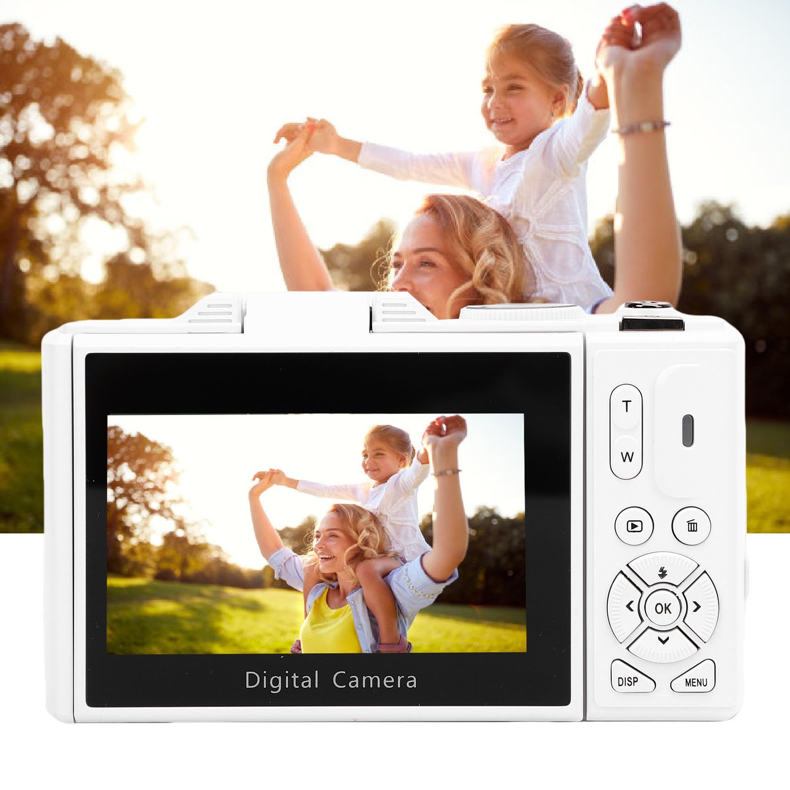 Asixxsix Fotocamera digitale 5K, fotocamera da viaggio WiFi con zoom 18X da 75 MP con schermo ribaltabile da 3 pollici a 180 gradi e luce LED, per selfie in viaggio (WHITE)