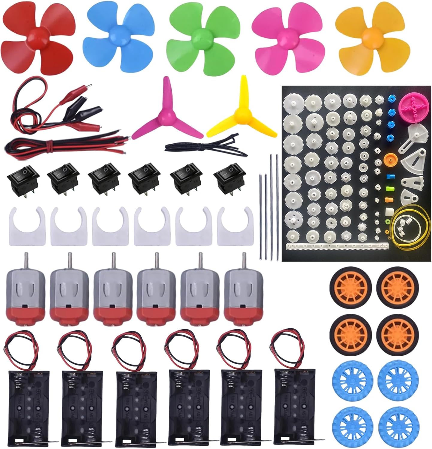 Electric DC Motor Kit, 6 Set 131 PCS Small Motors Kit, with 85 Plastic Gears Kits, Shaft Propeller, 2 x AA Battery Holder, Plastic Wheels, STEM Engineering Set for DIY Science Projects
