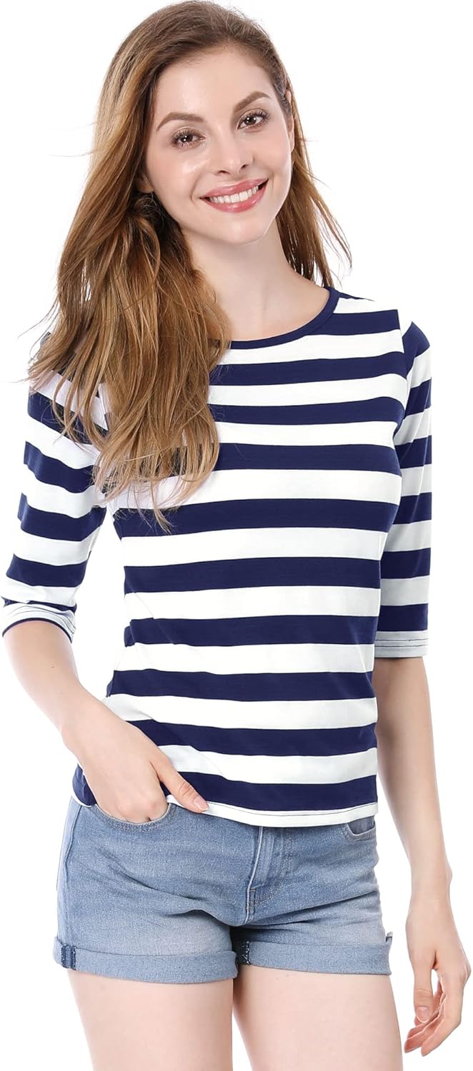 Allegra K Women's Elbow Sleeves Top Round Neck Slim Fit Basic Tee Casual Printed T-Shirt - Image 4