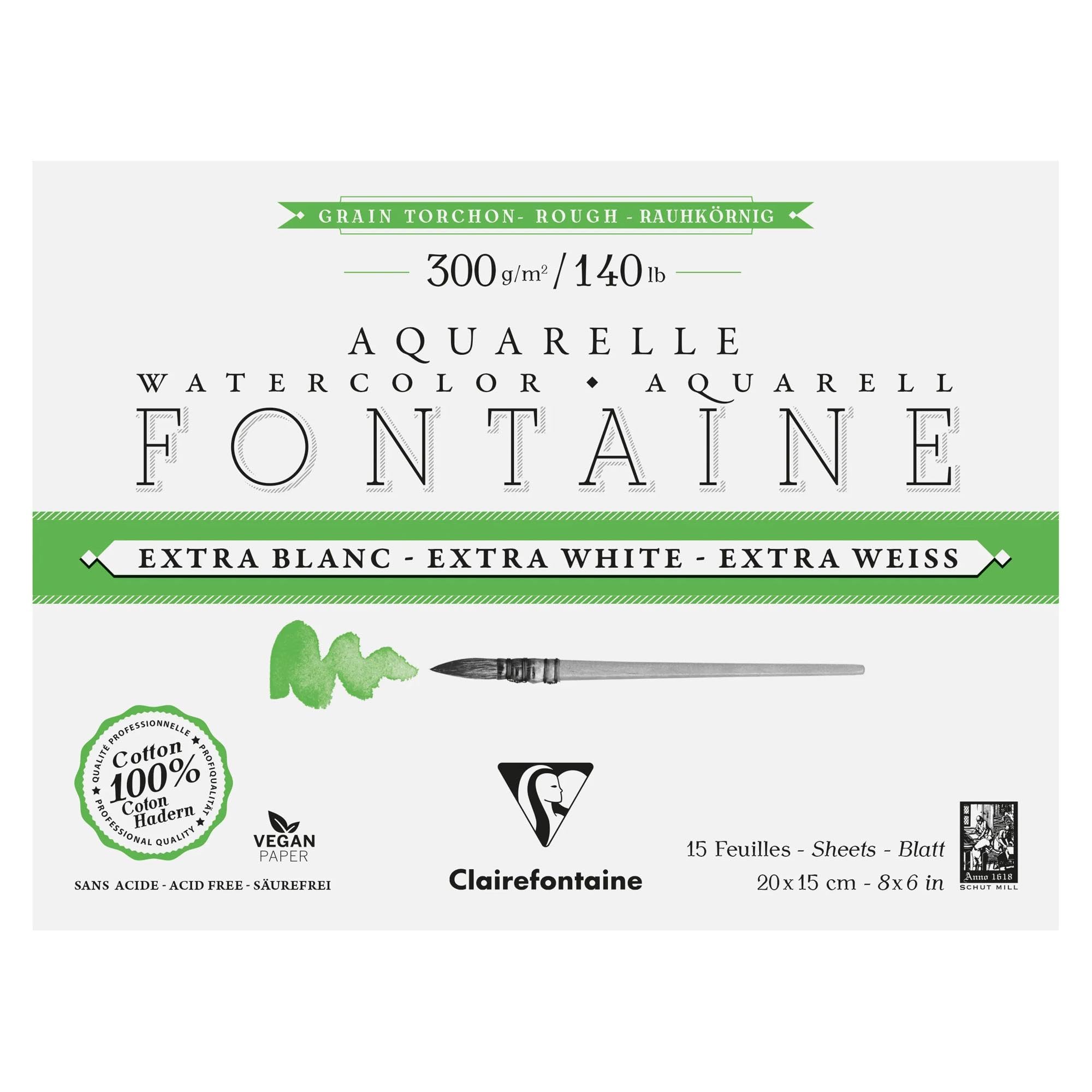 Clairefontaine 976078C Fontaine Extra White Torchon Grain 4-Sided Glued Pad 15x20cm 300g - 15 Sheets of Extra White 100% Cotton Watercolour Paper - Quality