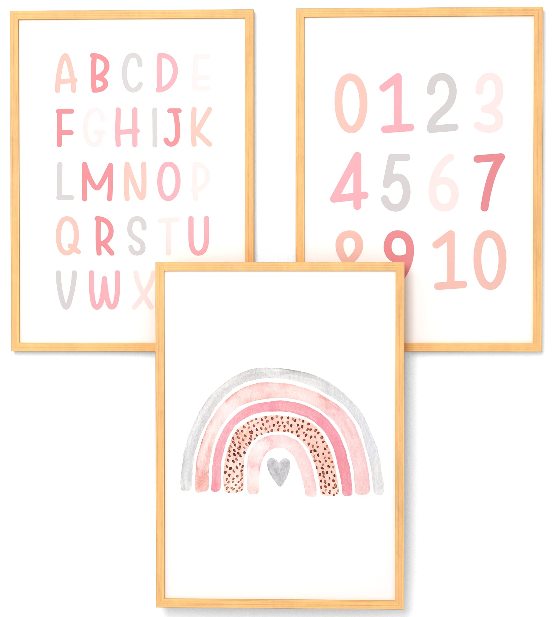 Papierschmiede® Kinderbilder 3er Set Lernposter, A3 gerahmt in Holzrahmen (Natur), Geschenk für Mädchen Kinderzimmer Vorschule| Alphabet Buchstaben, ABC Zahlen Regenbogen rosa