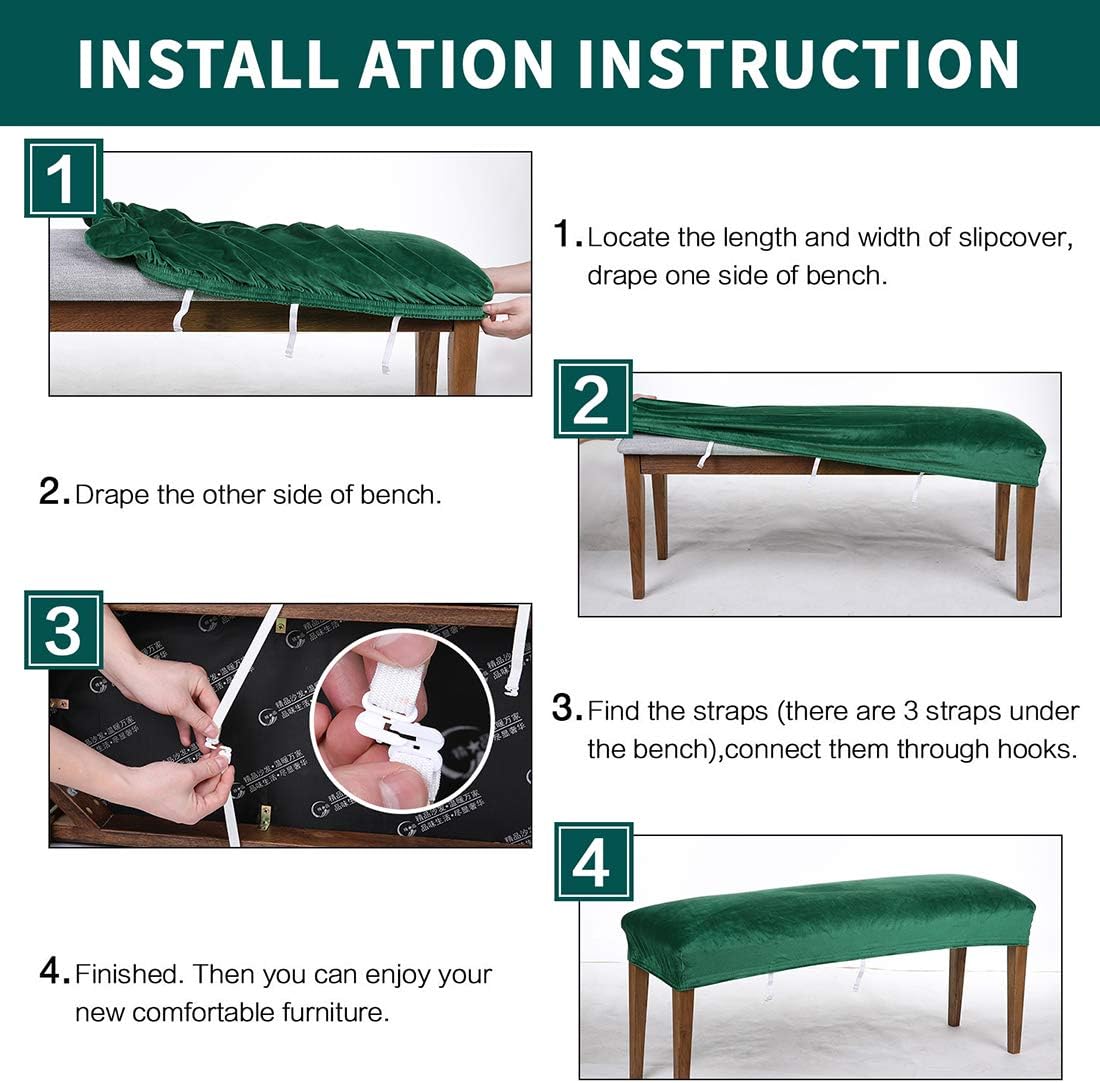 smiry Velvet Dining Room Bench Covers - Soft Stretch Spandex Upholstered Bench Slipcover Removable Washable Bench Seat Protector for Living Room, Kitchen, Bedroom (Dark Green)