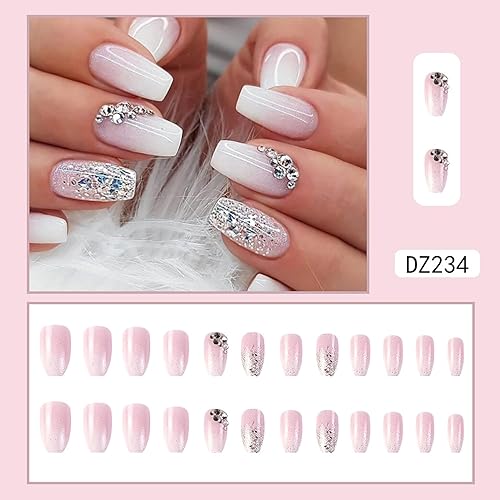 Miniatura 2 de Uñas postizas medianas con forma de ataúd, color rosa francés, degradado, cobertura completa, con diseños de purpurina, diamantes de imitación, uñas