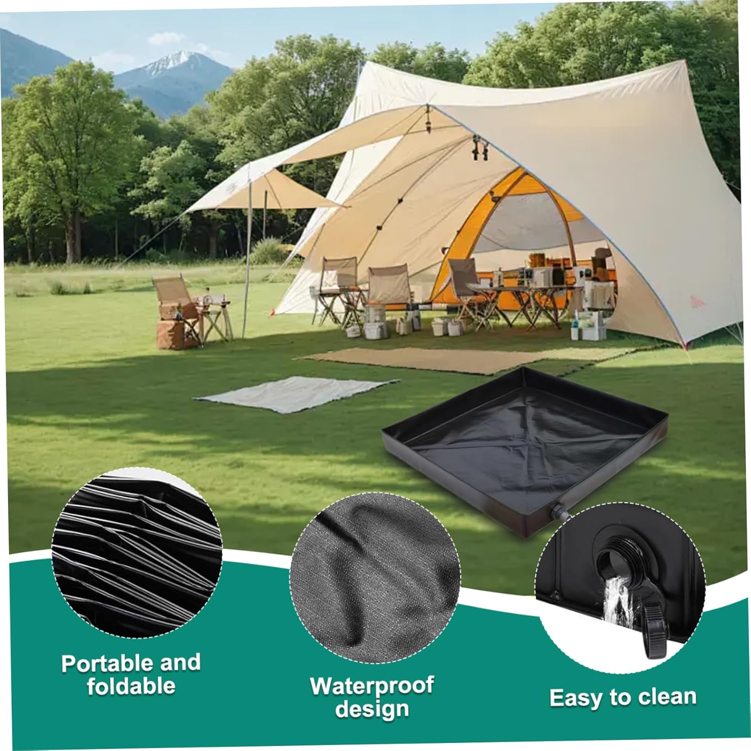 Camping Shower Mat, 41x41'' Collapsible Shower Base with Wrapped Edges Rapid Drainage Waterproof Pan with Heavy Duty Bottom for Outdoor Camping.