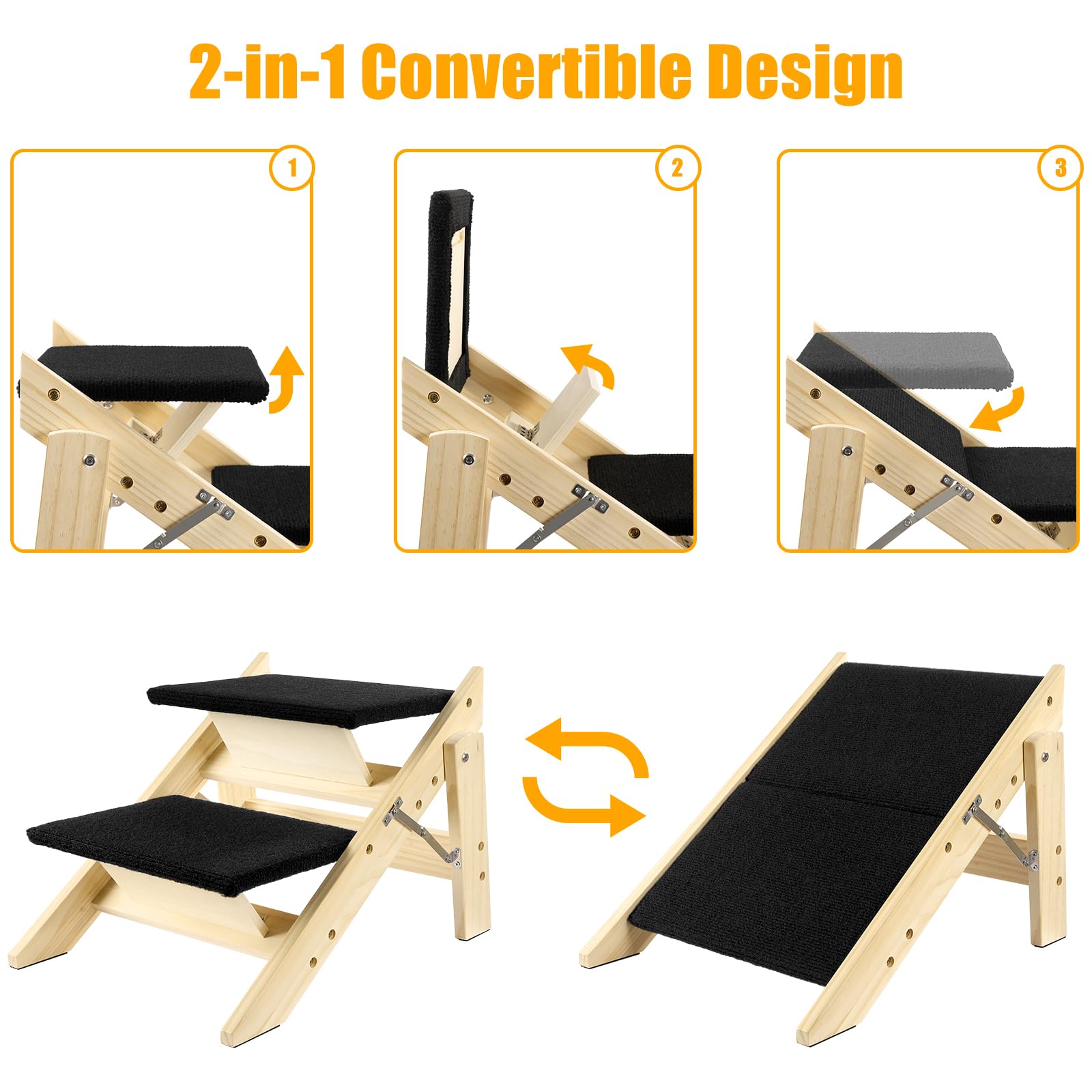 Okydoky Escalera de madera para mascotas, rampa para perros con 2 peldaños, escalera plegable para perros para camas altas, sofá de coche, escalera de madera duradera para mascotas pequeñas y medianas