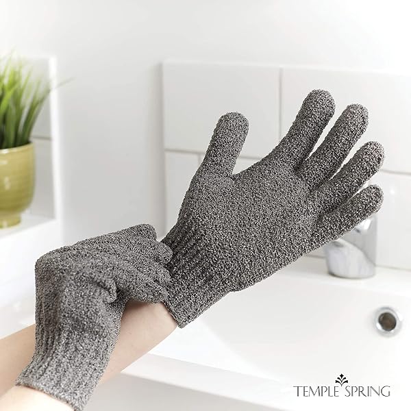 Temple Spring Gant Exfoliant Corps en Bambou, Gant Gommage Corps, Loofah Éponge Douche, Body Scrub Exfoliating Glove, Luffa Éponge Bain, Premium Exfoliating Mitts – Gris - 2