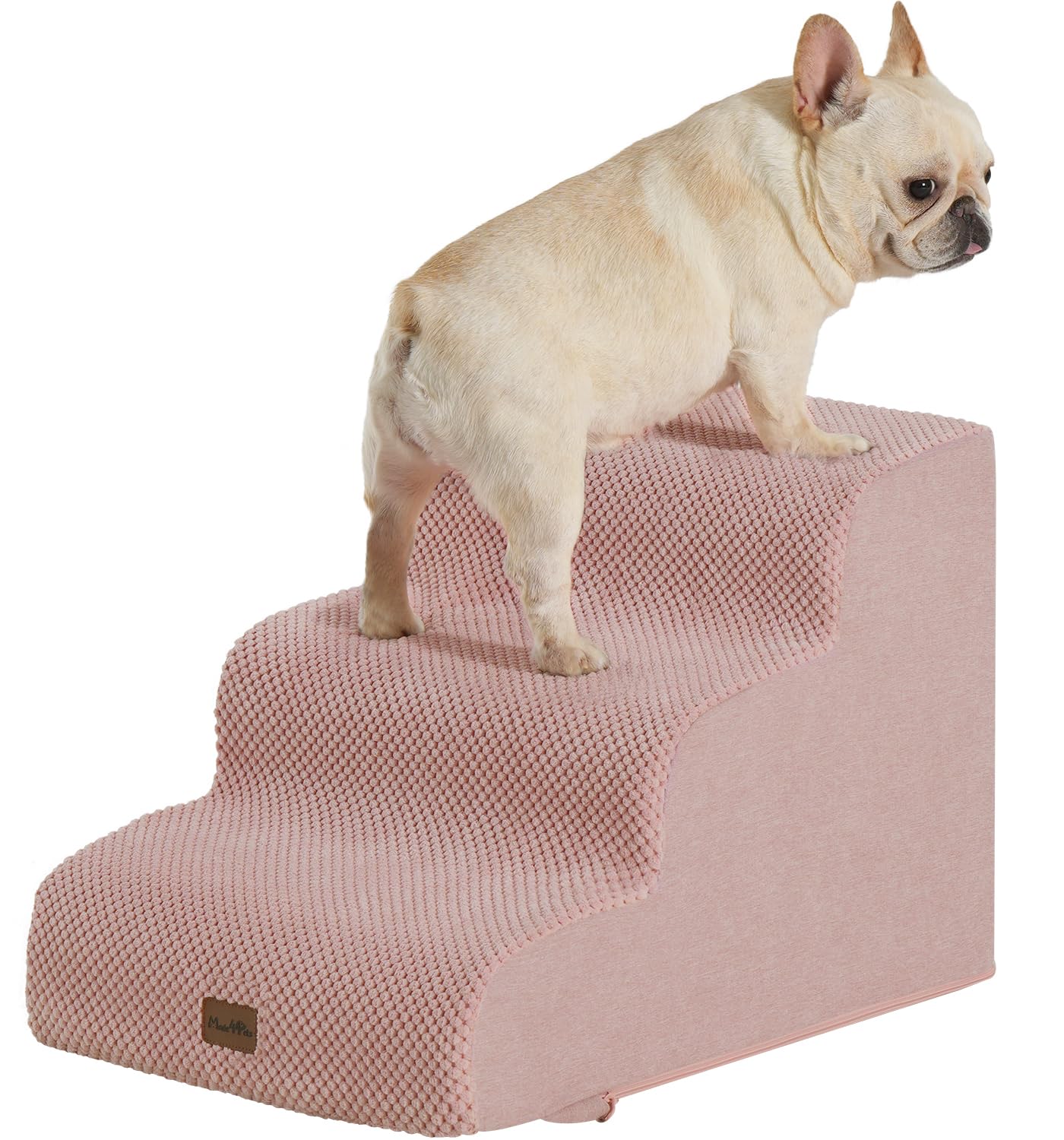 Made4Pets Pink Dog Stairs for Small Dogs 3-Step, Curved Pet Stairs for Bed Couch Sofa & Chair, 35D Foam Dog Steps with Non-Slip Bottom & Leakproof Cover, Cat Stairs for Small Dogs & Cats, 15.7" H