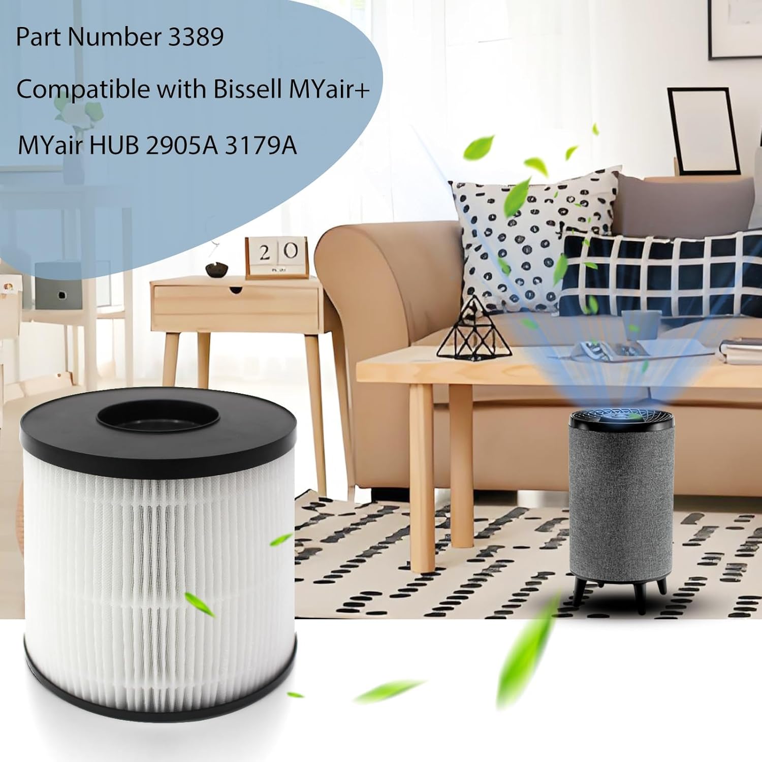 2 Pack 3389 Filter Replacement Compatible with Bissell MYair+ and MYair HUB 2905A 3179A，Part Number 3389 True HEPA Replacement Filter