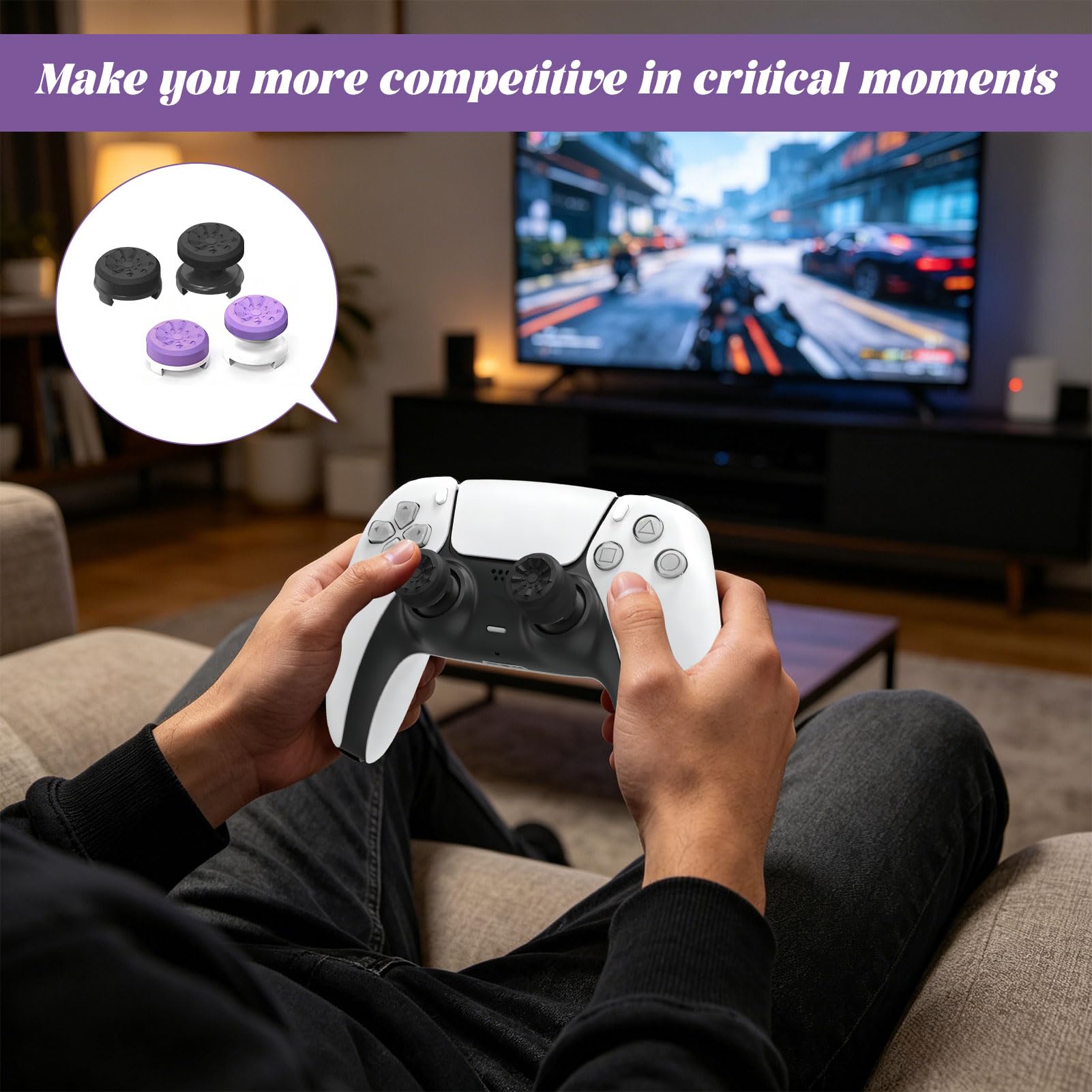 for Ps5 Thumb Grips, 4 Pcs FPS for PS4 and PS5 Controller Grips Enhanced Accuracy, Comfort, and Grip with PS5thumbsticks Covers (2 High-Rise, 2 Mid-Rise, Black and Purple) — view 6