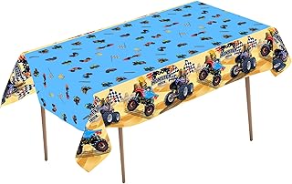 Lecinc 3 Pack Truck Party Tablecloth, Monster Machine Truck Table Cover Checkered Flag Tablecloth for Birthday Party Decorations Supplies, 86.6*51.2 inches