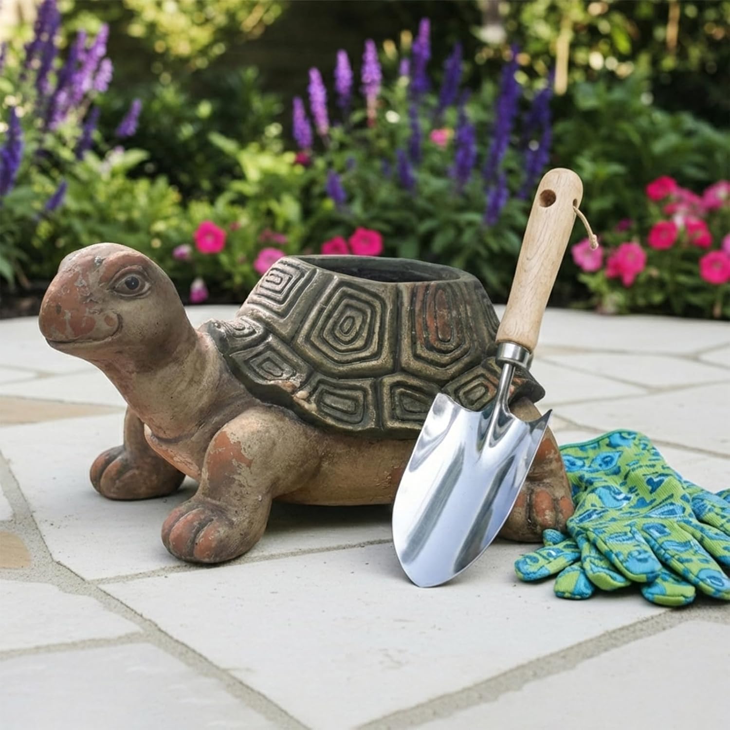 Large Vintage Turtle Planter Outdoor Garden - 18.5" Magnesium Oxide Animal Statue Flower Pot with Drainage, Weathered Tortoise Succulent Container for Patio, Porch & Balcony Decor Gift