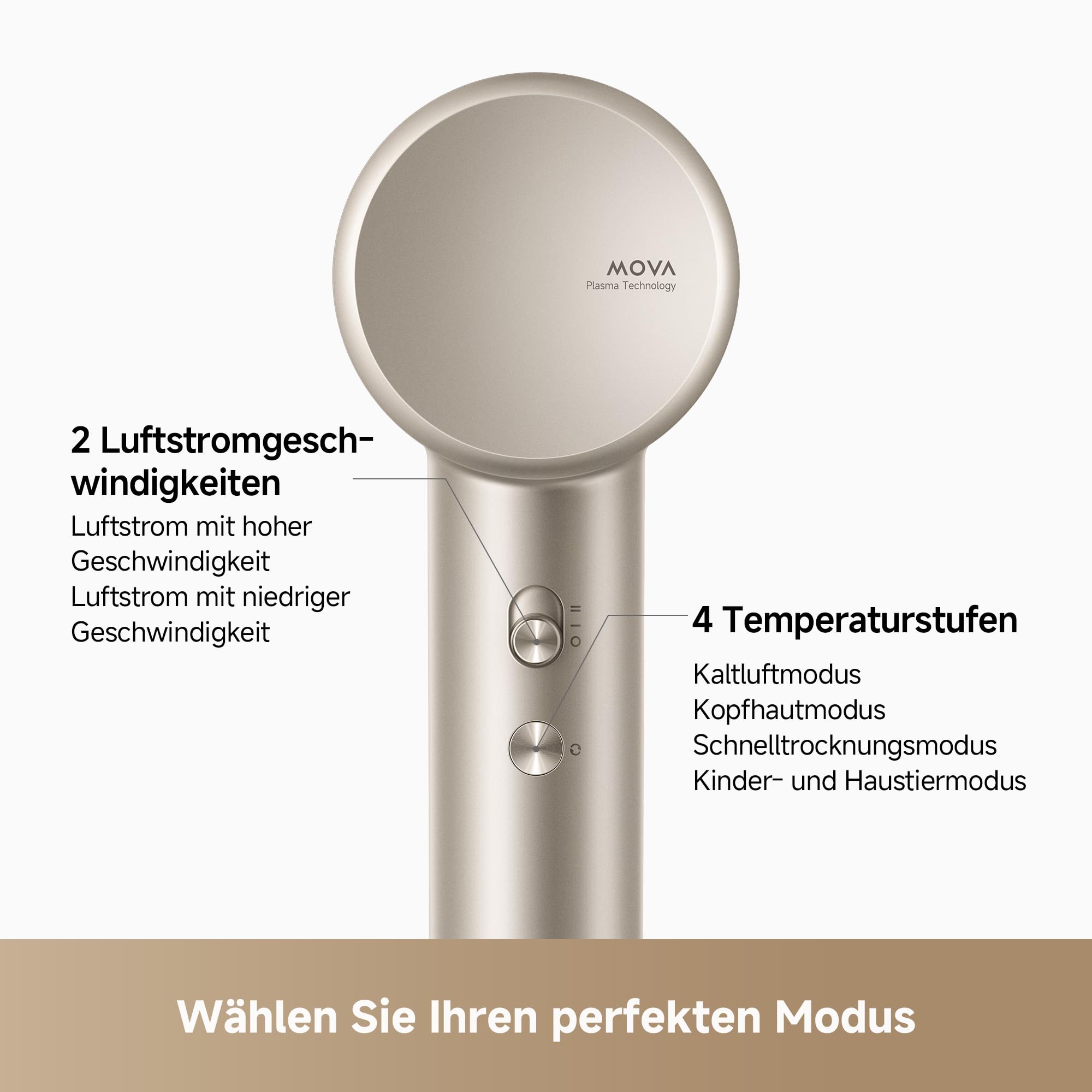 MOVA Shine 10 Haartrockner, schnelle Trock. m. Moisture Caring Tech, bürstenl. Motor m. 110.000 U/min, leise, Plasma-Ionen-Pflege, Konzentrator, NTC 1.000 t/s Wärmeregul., für zu Hause, Salon, Reisen