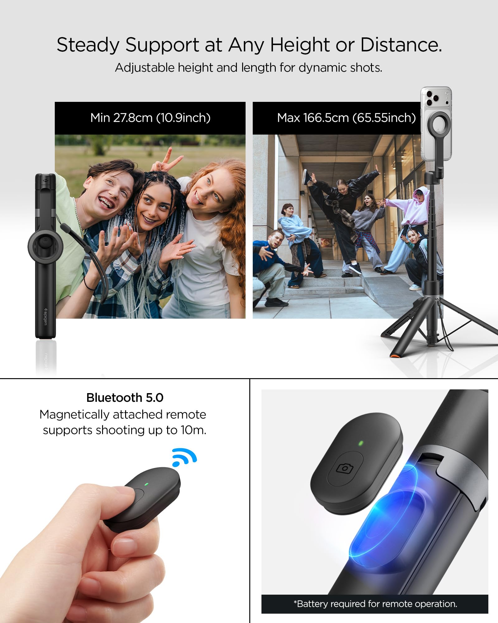 Spigen S582W Selfie Stick Treppiede MagSafe, Bastone Selfie con Telecomando Bluetooth, Estensibile 166,5 cm, Testa 360°, Supporto Magnetico, Anello Universale - Nero