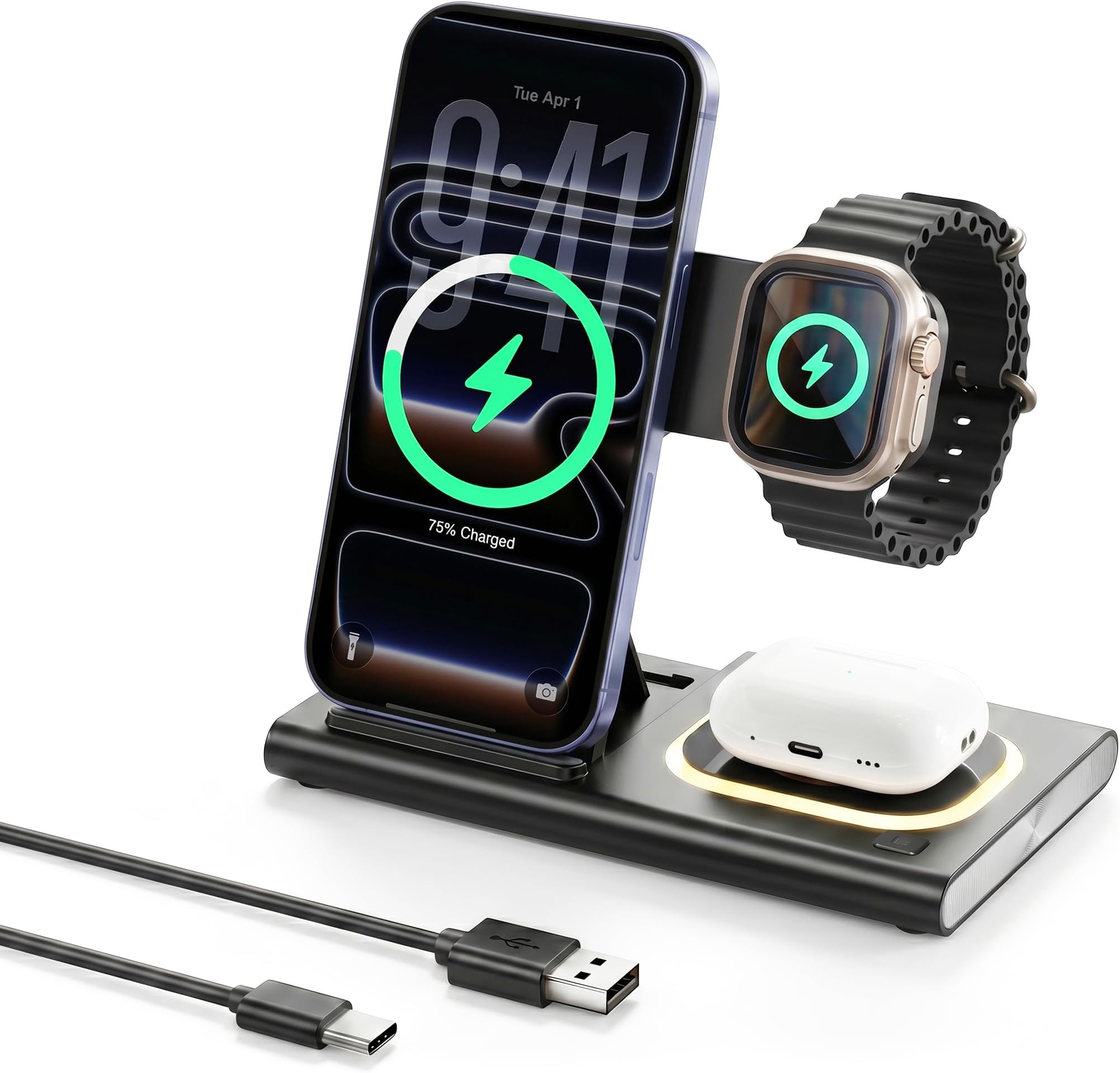 Aimtel 3 in 1 Foldable Charging Station for iPhone17/17Air/16/15/14XS/XR/X/8, Wireless Charger Stand Travel Compatible with Apple Watch Series 11/10/9/8/7/6/Ultra 2/3/SE3,for Air Pods Pro/4/3/2