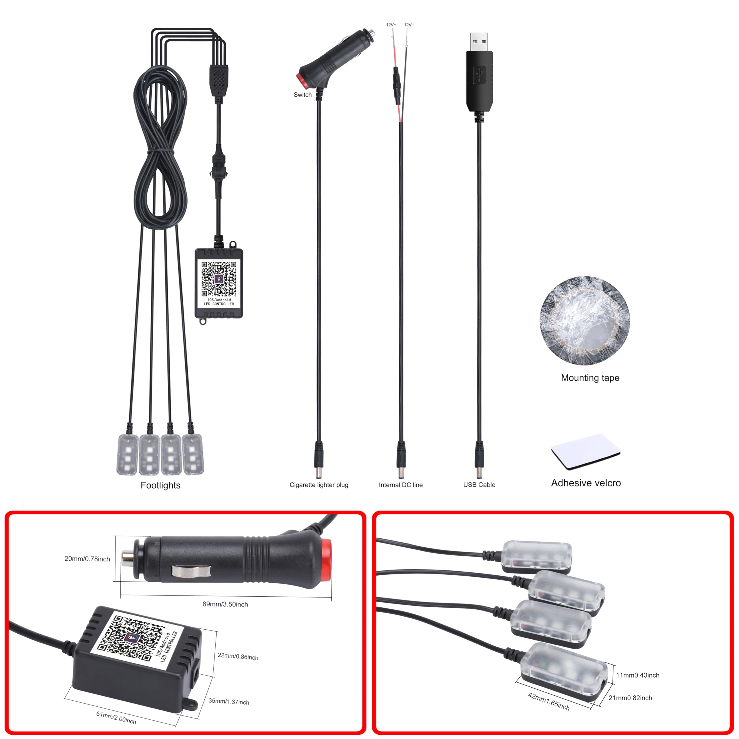 QAUBEN Car Ambient Lighting with Bluetooth App Control 64 Colors Multicoloured Music Interior Footwell Lighting Kit 12V