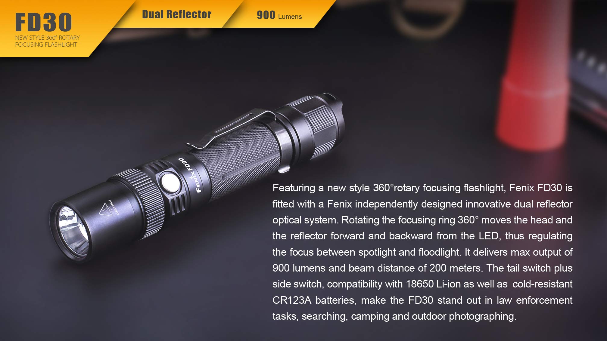 fenix fd30 focusing flashlight LD30R Rechargeable  Inspector Outlet twist the knurled grip portion to access the built Fenix FD30 adjustable beam flashlight