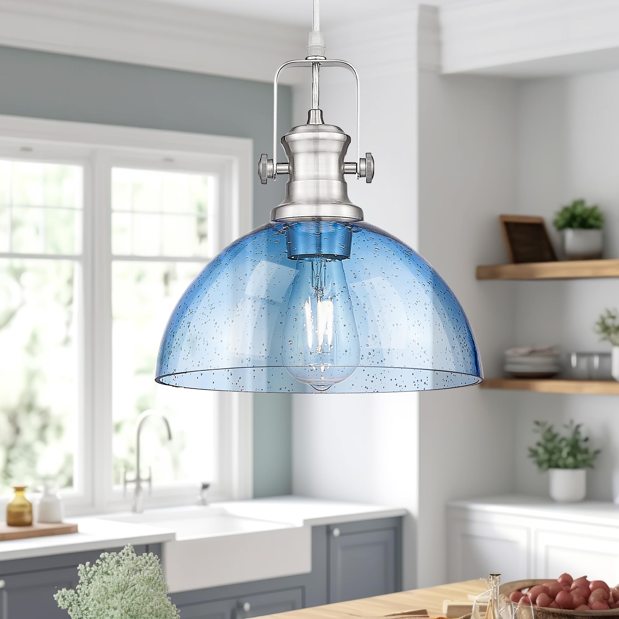 10.5" Brushed Nickel Pendant Lights Kitchen Island, Blue Shade
