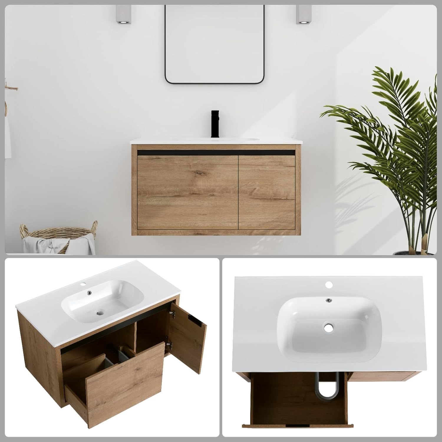 Floating Bathroom Vanity with Sink, 36" Wall-Mounted Vanity with Gel Basin Countertop, Soft-Close Drawer and Side Cabinet, Small Bathroom Storage Cabinet with Metal Concealed Handle, Oak