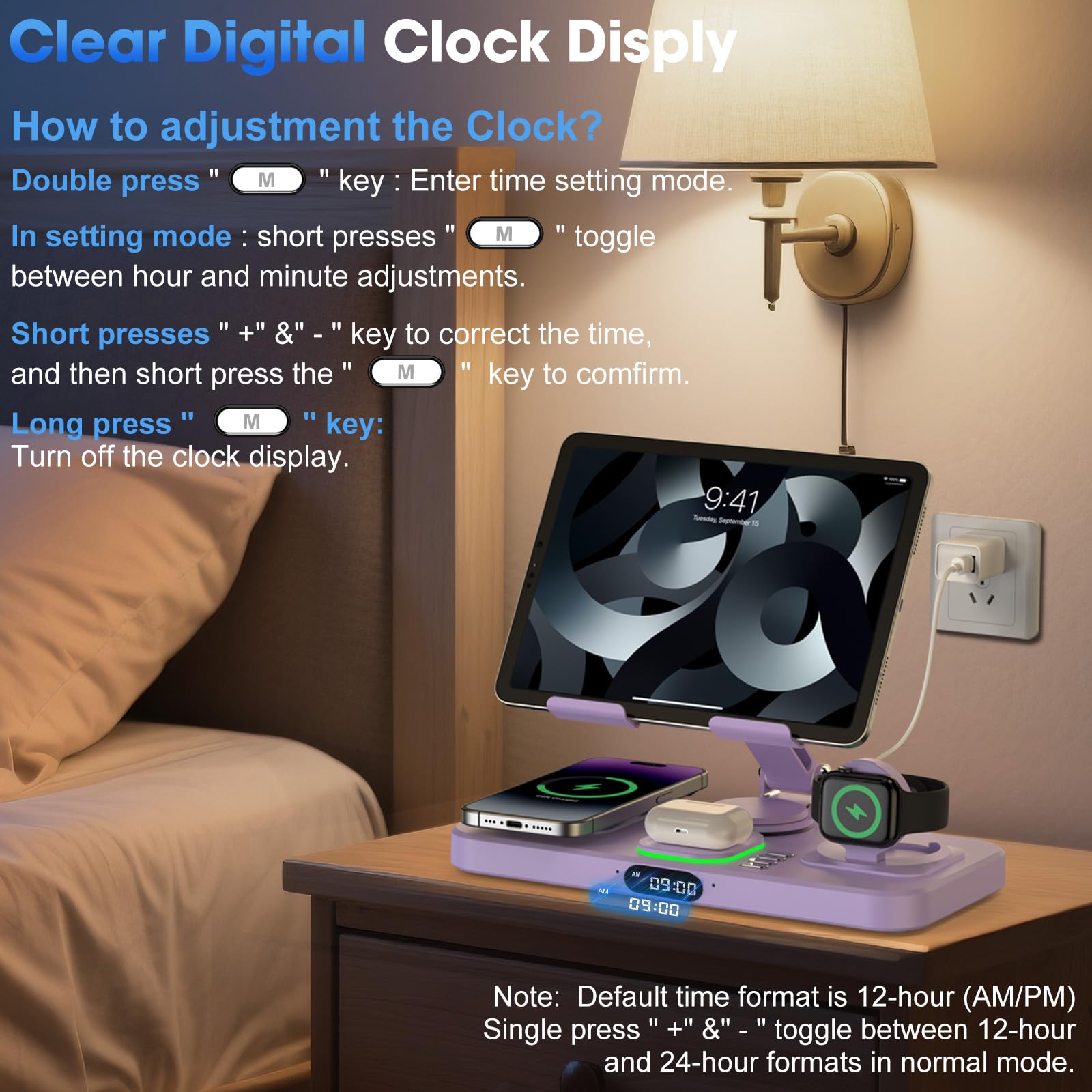 Caricabatterie wireless 6 in 1 per dispositivi Apple, stazione di ricarica con orologio e luce ambientale a 7 colori, supporto girevole pieghevole per iPad, per iPhone17/16/15, supporto per Apple