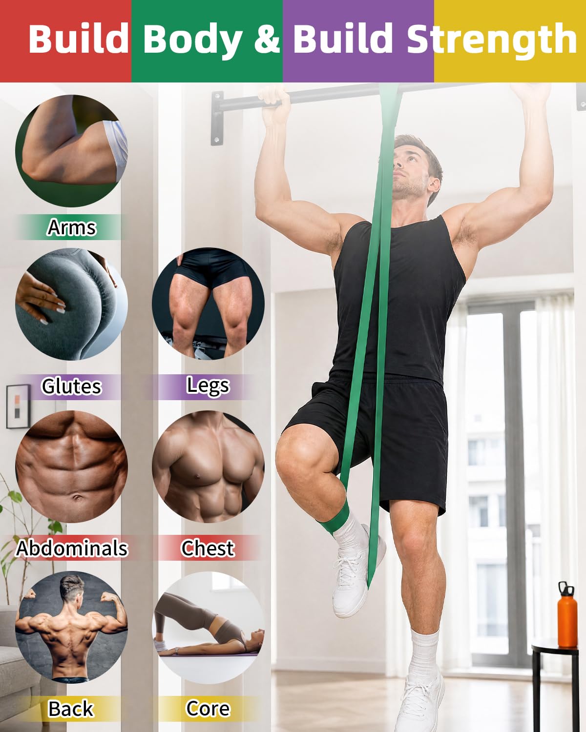 Bandes de fitness avec 5 niveaux, bandes de résistance avec ancrage de porte, bande élastique de fitness avec 5 niveaux de résistance, bande de gymnastique pour musculation, pilates, yoga