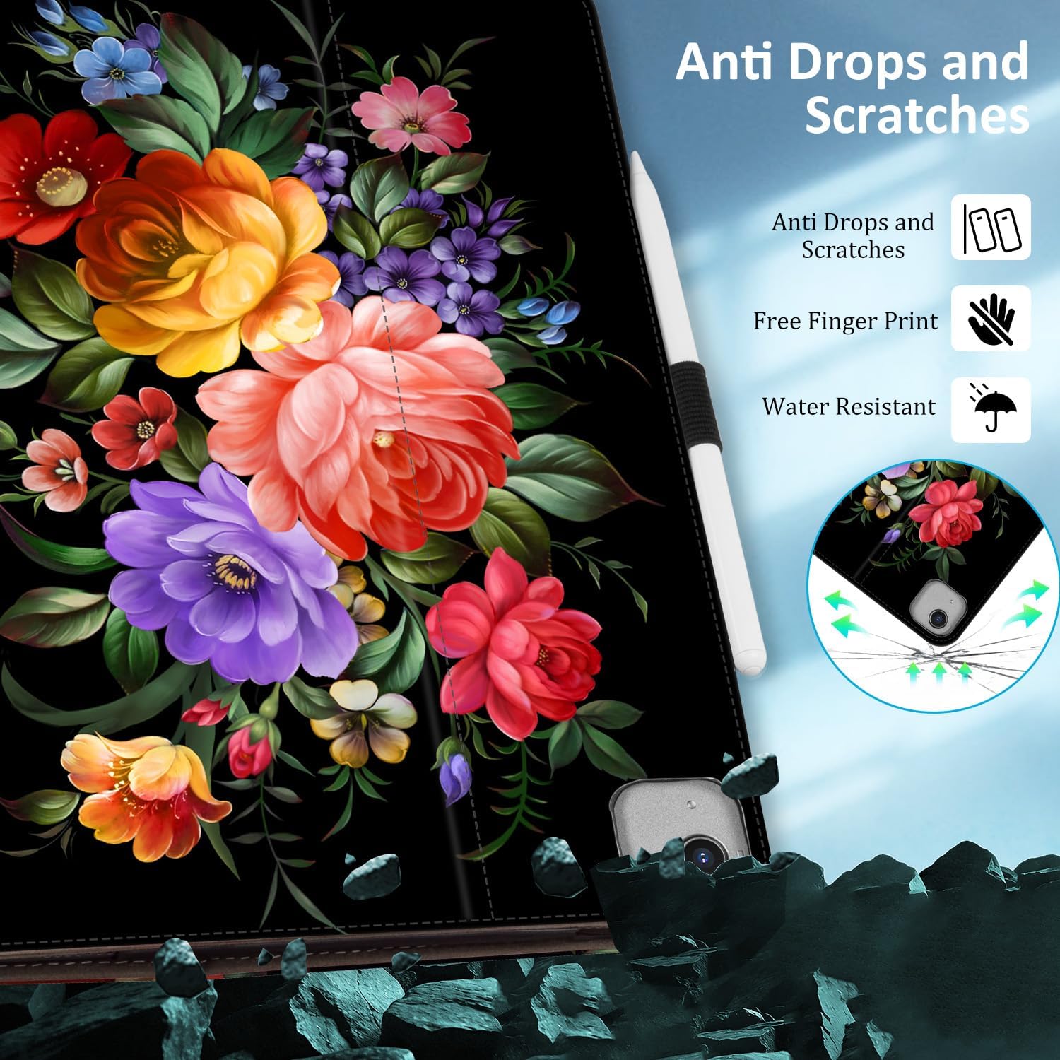Lokigo Case for iPad Pro 13 Inch (M5/M4), iPad Air 13 Inch (M4/M3/M2), iPad Pro 12.9 Inch (6th/5th/4th/3rd) Gen, Typing Stand, with Pencil Holder/Card Pocket, Auto Wake/Sleep, Black Colord Flowers