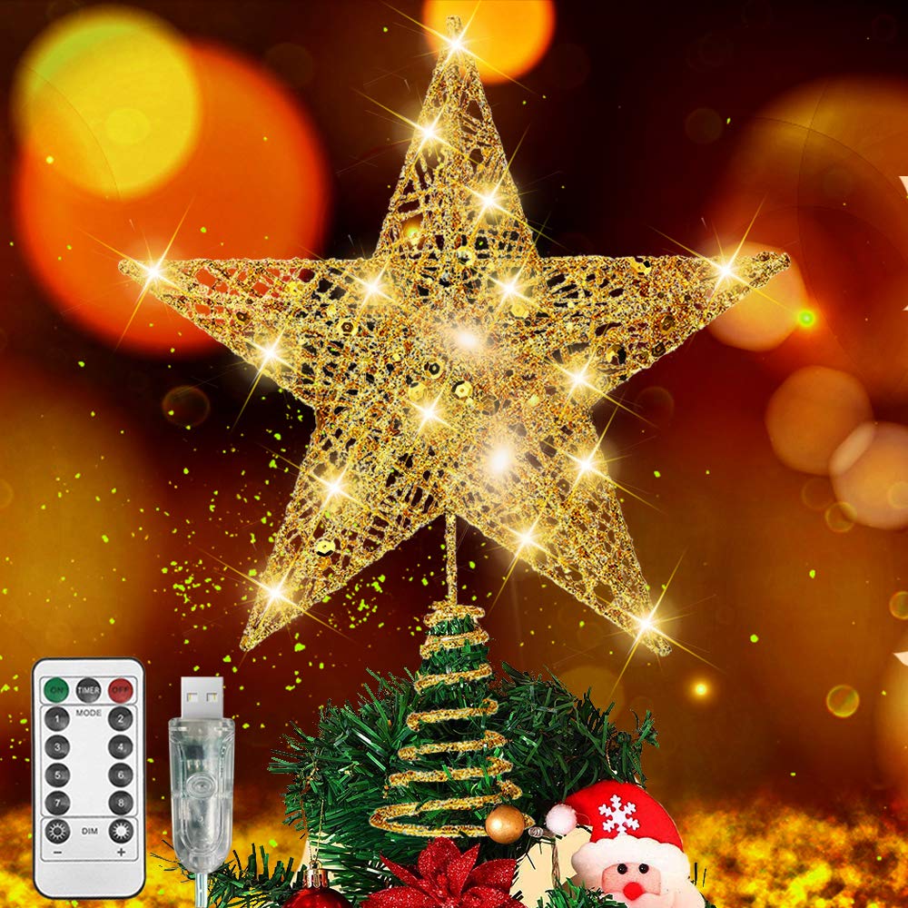 RaxurtChristmas Tree Topper, 40 LED USB Lighted Star Tree Topper with Remote Control Decorations for Indoor Home Decor,11IN Gold