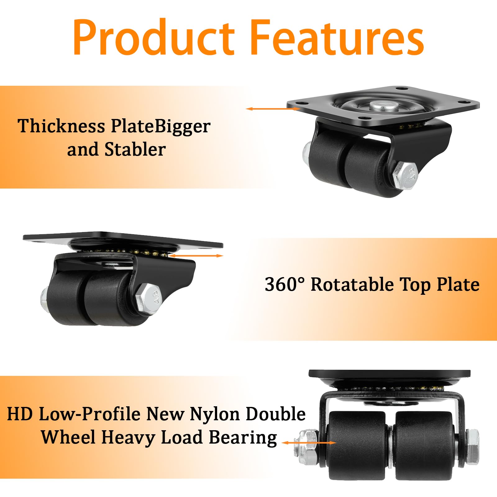 Black Nylon Plate Casters - 4 Pack -4 Black Nylon Plate Casters - 4 Pack -4