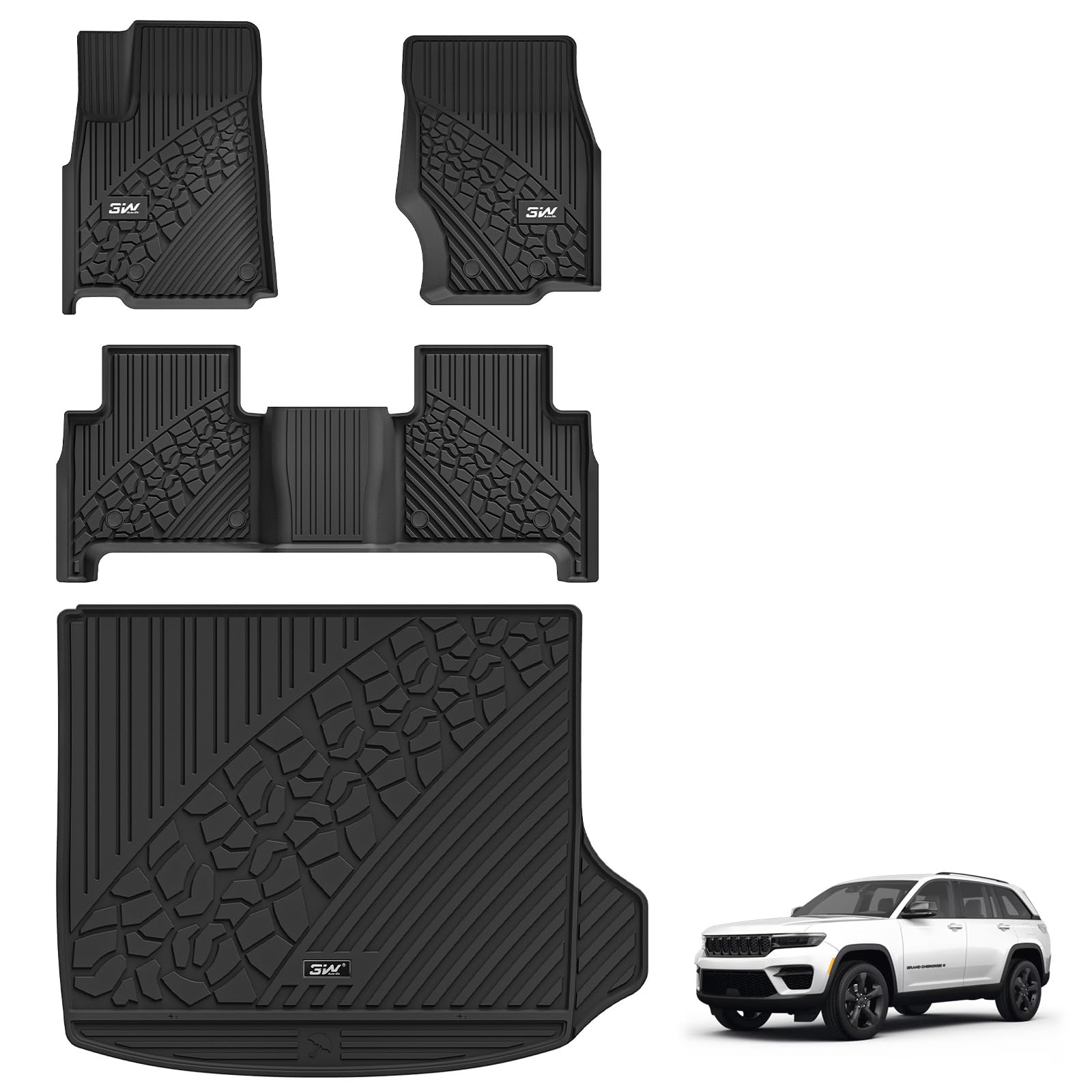 3W Floor Mats & Cargo Liner Fit for Jeep Grand Cherokee (Include 4xe Not L or WK) 2025 2024-2022,TPE All Weather Custom Fit Floor Liners for 1st 2nd Rows and Trunk Full Set Car Mats, BlackGlobal Recycled StandardGlobal Recycled StandardGlobal Recycled Standard