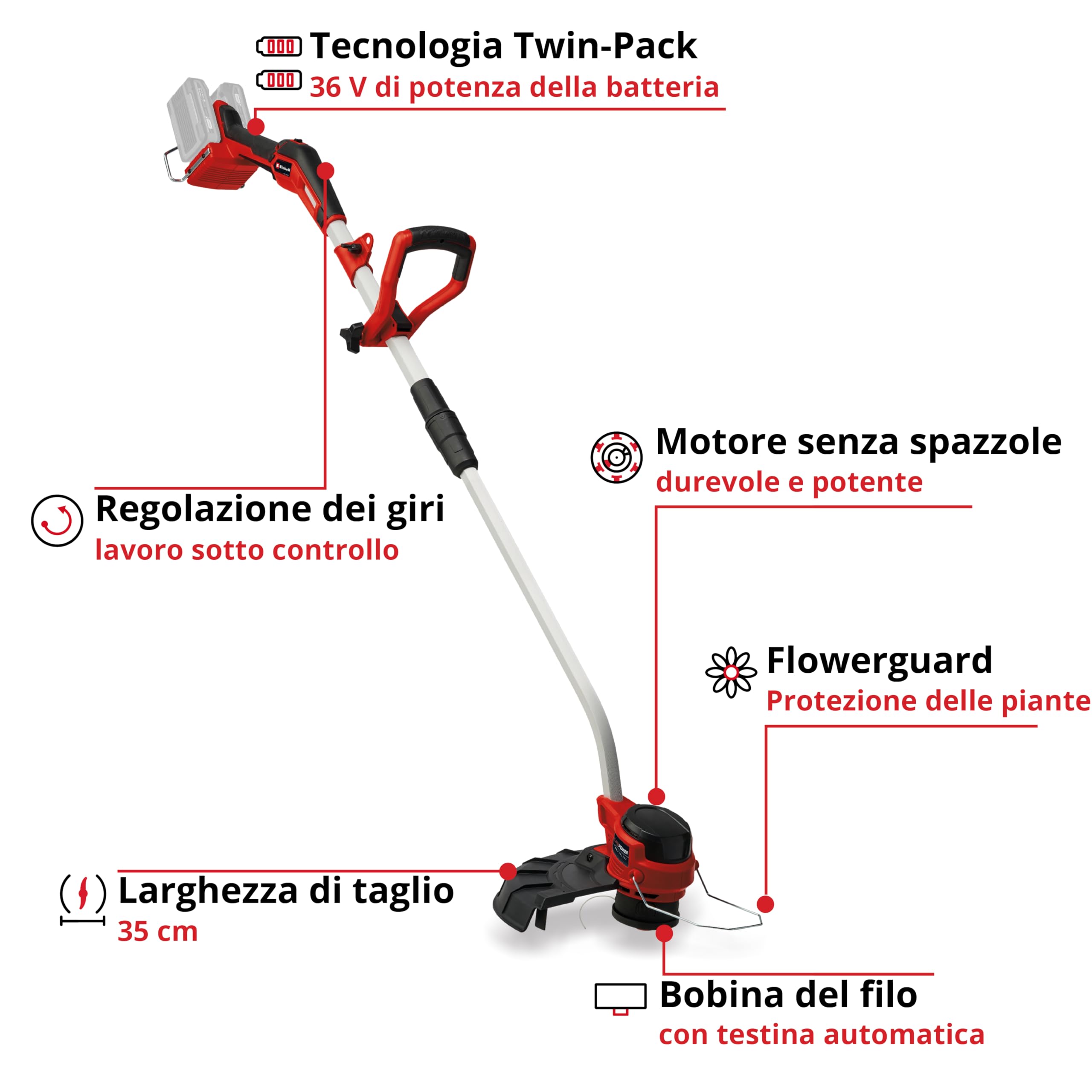 Einhell Professional, tosaerba a batteria GP-CT 36/35 Li BL-Solo Power X-Change (36 V, bobina di filo con testina automatica, Brushless, Flowerguard, senza batteria)