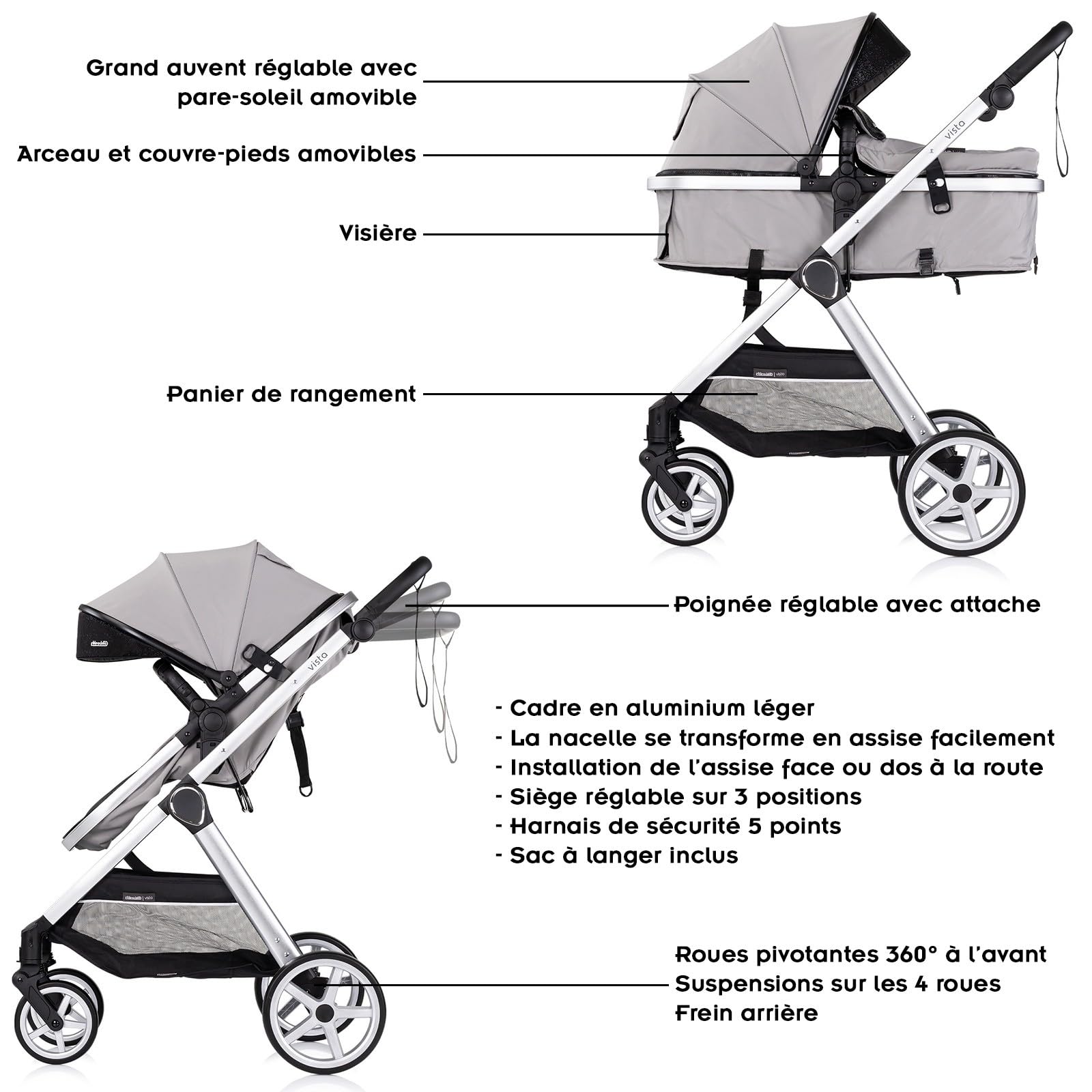 VISTA Poussette combinée jusqu'à 22 kg nacelle souple + assise classique Gris sans cosy