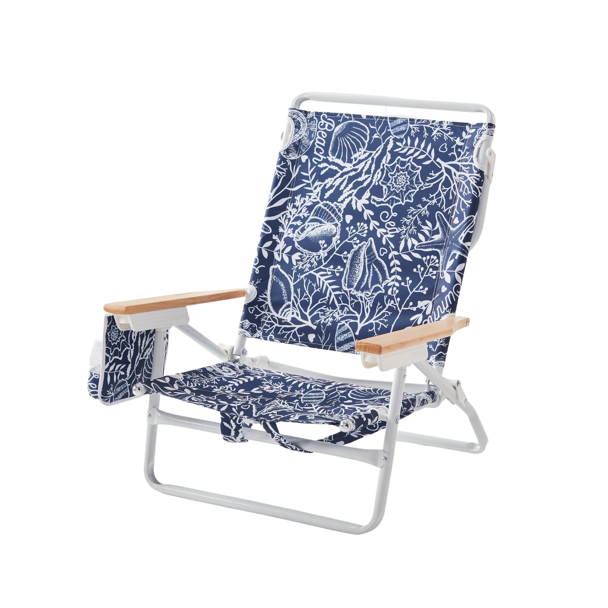 Photo 1 of DEER LAND 5-Position Low Beach Chair, Portable Lightweight Folding Beach Chair with Wooden Armrests, Storage Pouch & Carry Strap, Coastal Beach Print – Reef Indigo