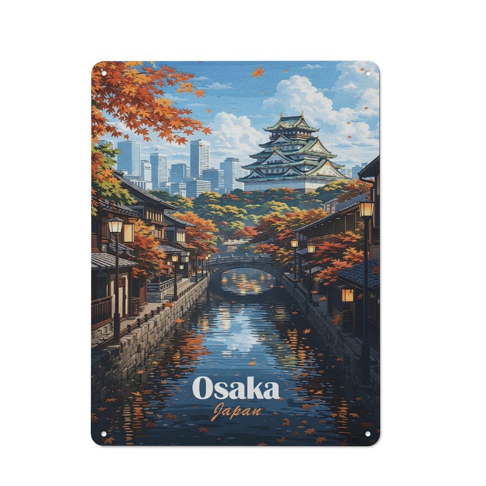 Osaka Castle in Autumn Warehouse Style Metal Wall Decor 40x30cm, Tin Wall Sign for Modern Home, Workshop, Office Or Cafe