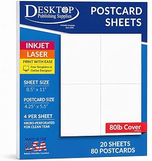 Heavyweight Blank Perforated Postcards for Printing - 20 Sheets/80 Printable 4up Postcards, White 80lb (218gsm) 4.25" x 5.5" Cardstock Postcard Paper 4 per sheet for Mailing Marketing Invitations