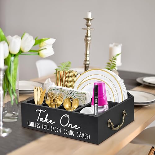 Miniatura 3 de Soporte para platos de papel, dispensador de platos de papel para encimera de cocina, caja organizadora de cubiertos de madera para fiestas, picnic