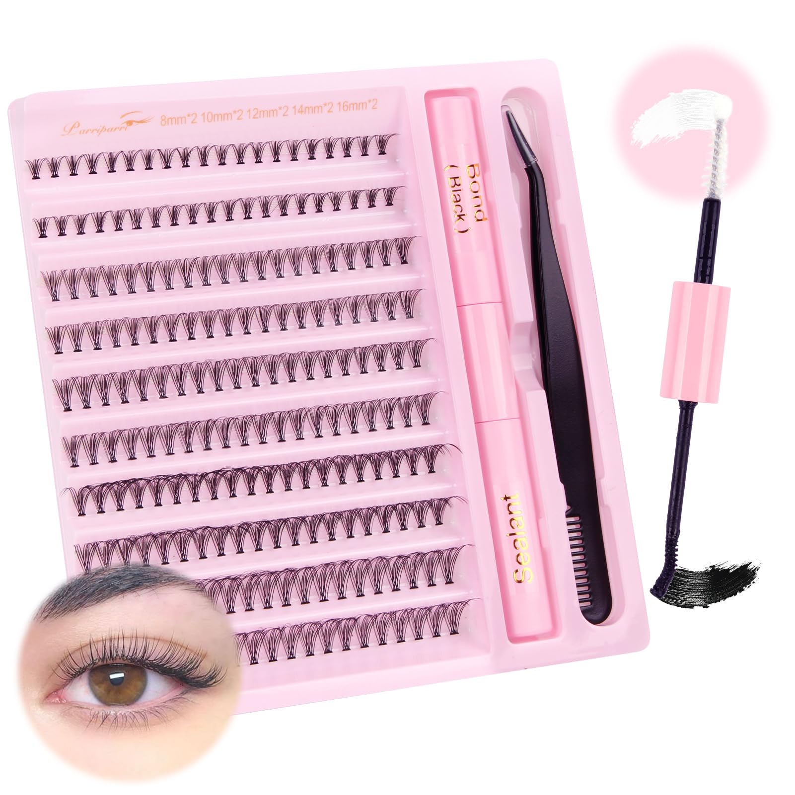 Parriparri Cluster Lashes 20D D Curl Individual Eyeashes Kit with Bond and Seal and Tweezer DIY Eyelashes Extension Reusable Soft Individual Lashes (20D-0.07D-8-16MM Set)