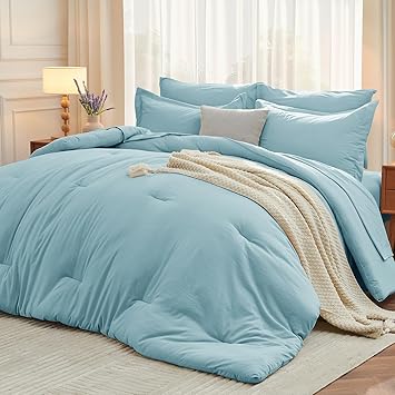 MUXHOMO 5 Pieces Twin XL Comforter Set, Soft Bed in a Bag Twin XL Size, All Season Bedding Set with Comforter, Flat Sheet, Fitted Sheet, Pillowcases & Shams, Lake Blue