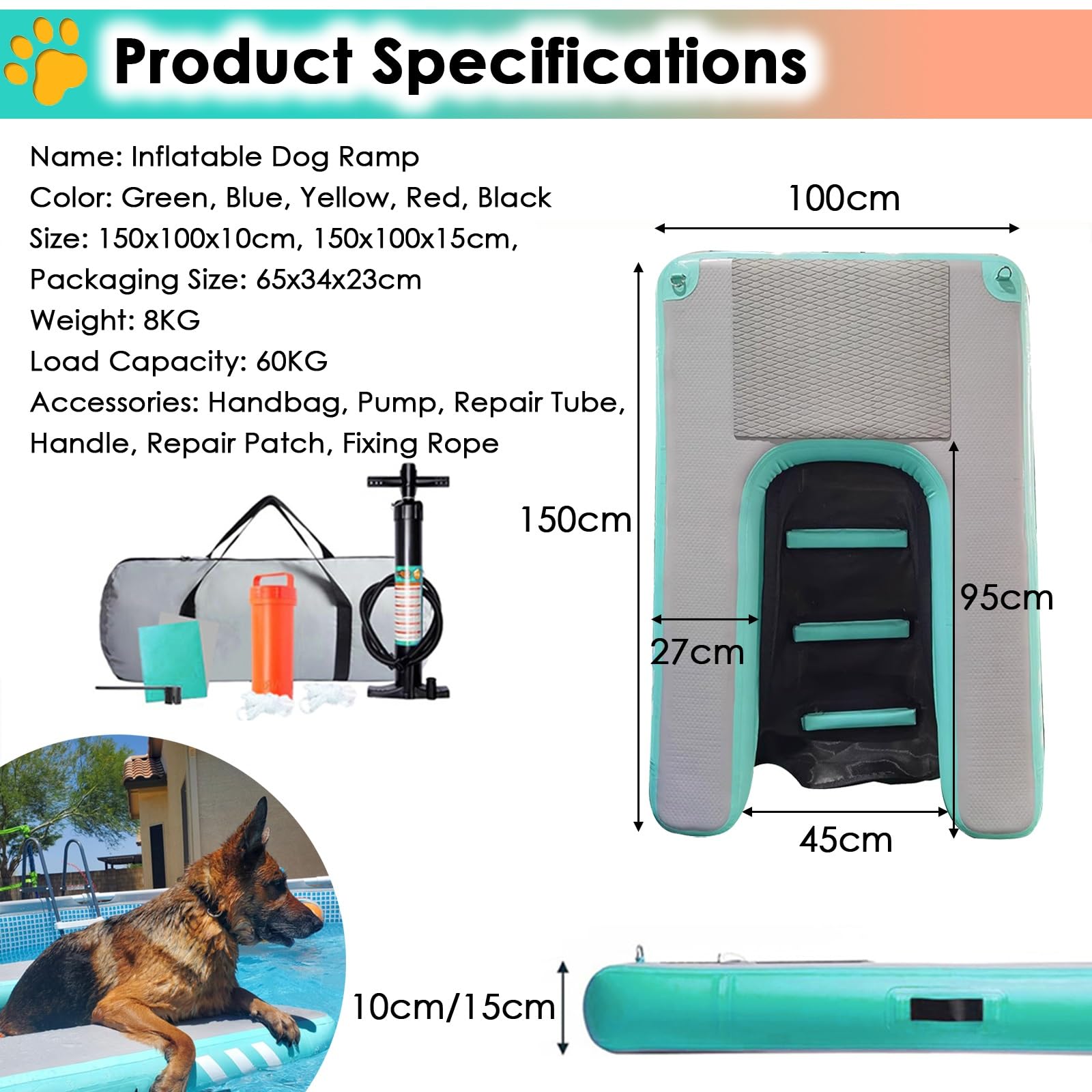 caletta per cani da barca Rampa antiscivolo per piscina per cani per cani fino a 60 kg, pieghevole rampa per barca per cani/ gonfiabile piattaforma di attracco per lago/fiume/ spiaggia/ mare, con pomp