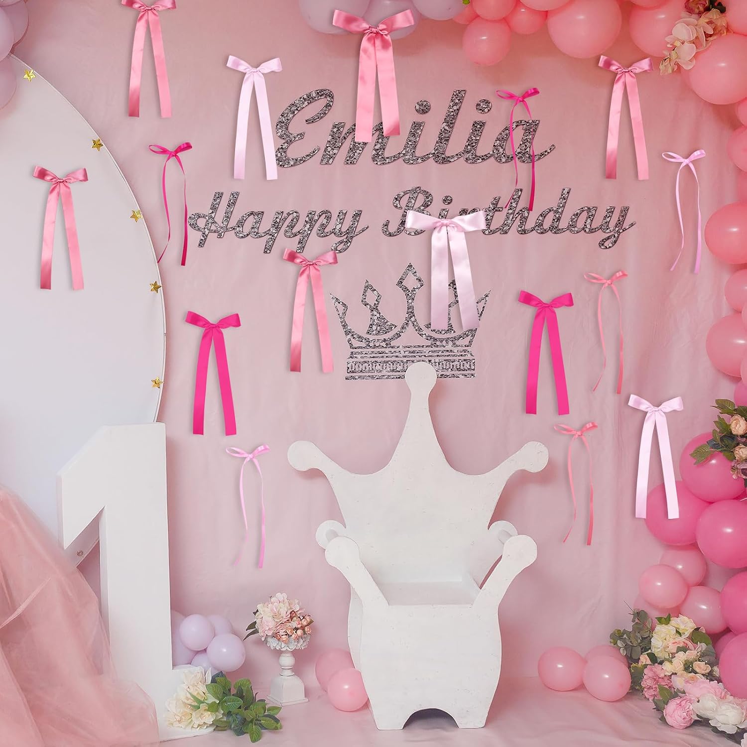 16Pcs Pink Bow Birthday Party Decorations, Satin Ribbon Bows Party Background Decor 3 Sizes, 'She's Tying the Knot' Bow Decorations for Coquette Bridal Shower Wedding Bachelorette Birthday Baby Shower