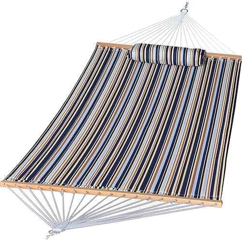 Prime Garden Double Quilted Fabric Hammock with Pillow, Heavy Duty Hammock with Hardwood Spreader Bars, 2 People Hammock 450 Pound Capacity for Patio Garden Yard, Blue Brown Stripe