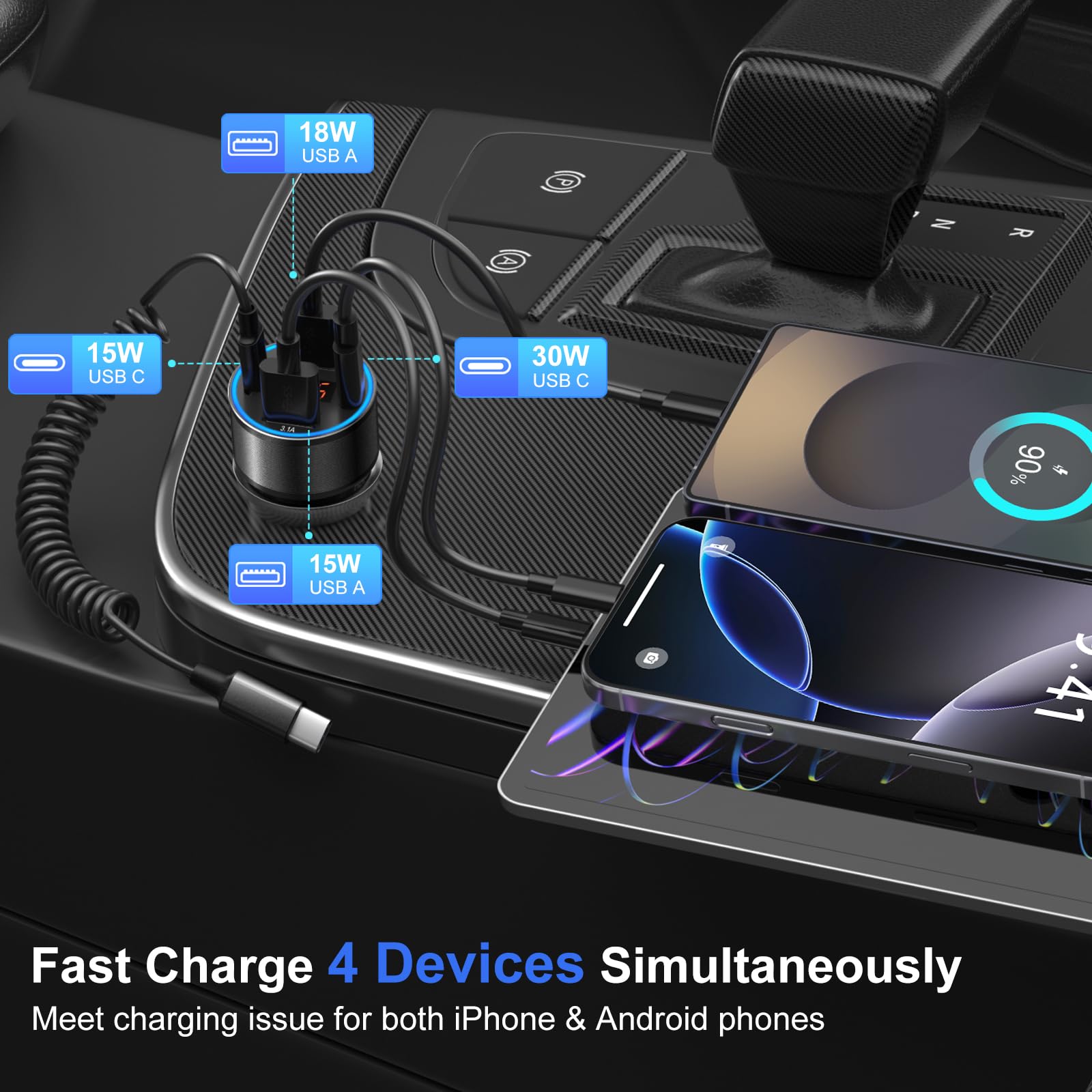 Cargador de coche USB de 65 W con voltímetro (negro, 2 unidades)