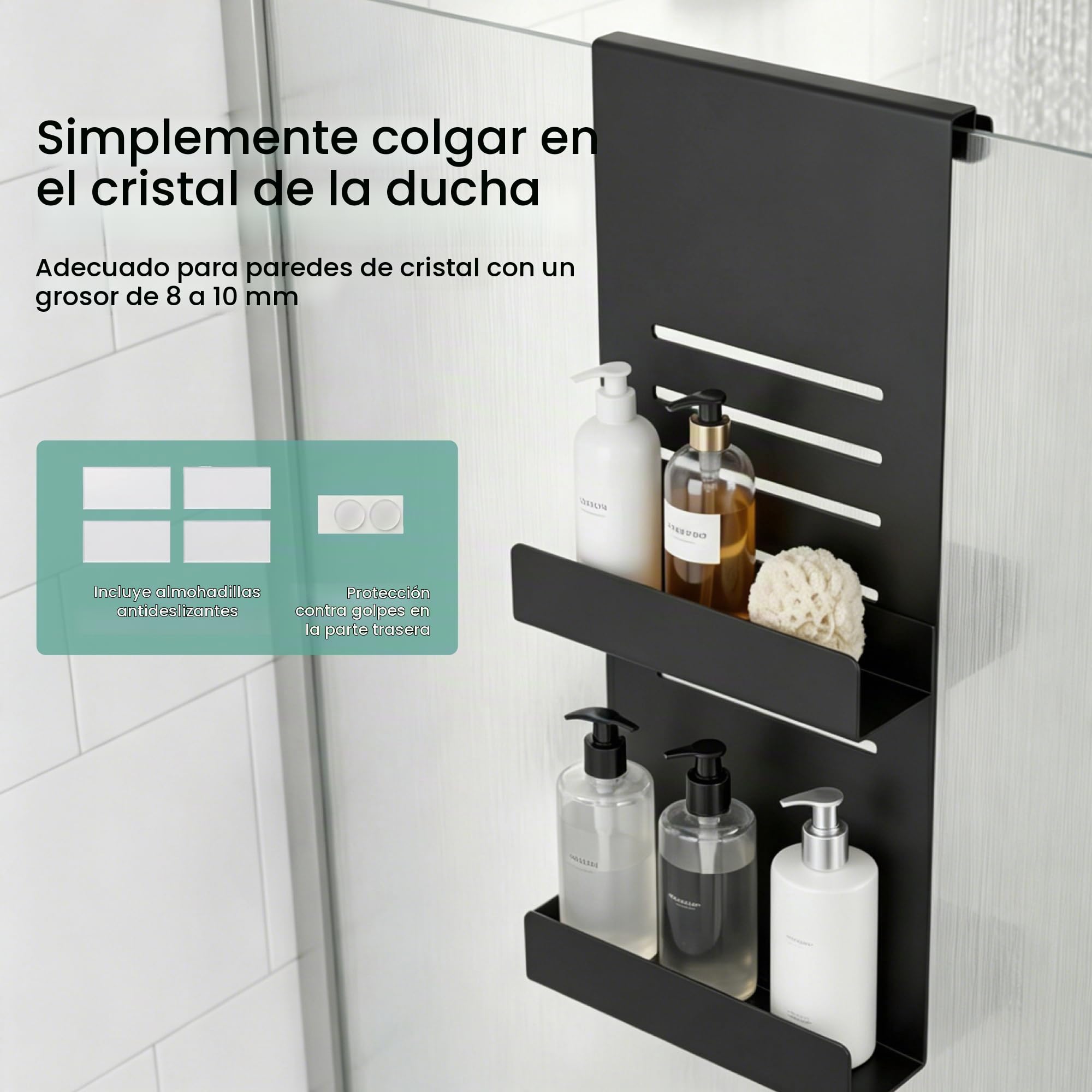 Mai & Mai Organizador Colgante para Ducha, Acero al Carbono, Negro Mate, 60x30 cm, Estantes Ajustables, Sin Taladro – Oryne-01